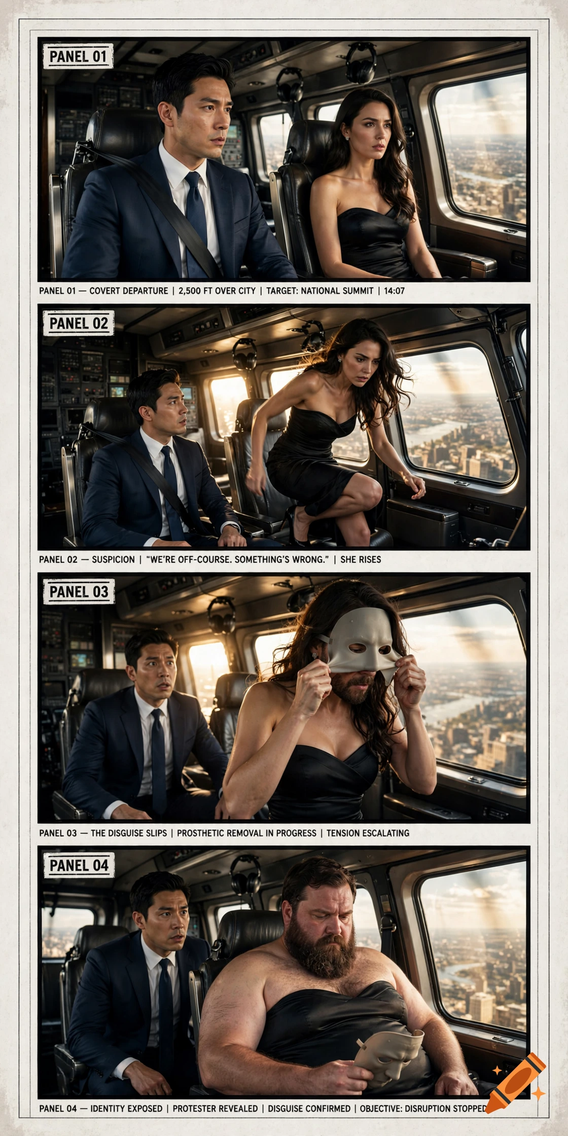 Four-panel comic strip showing a woman in a helicopter unmasking to reveal a bearded man in a dress.
