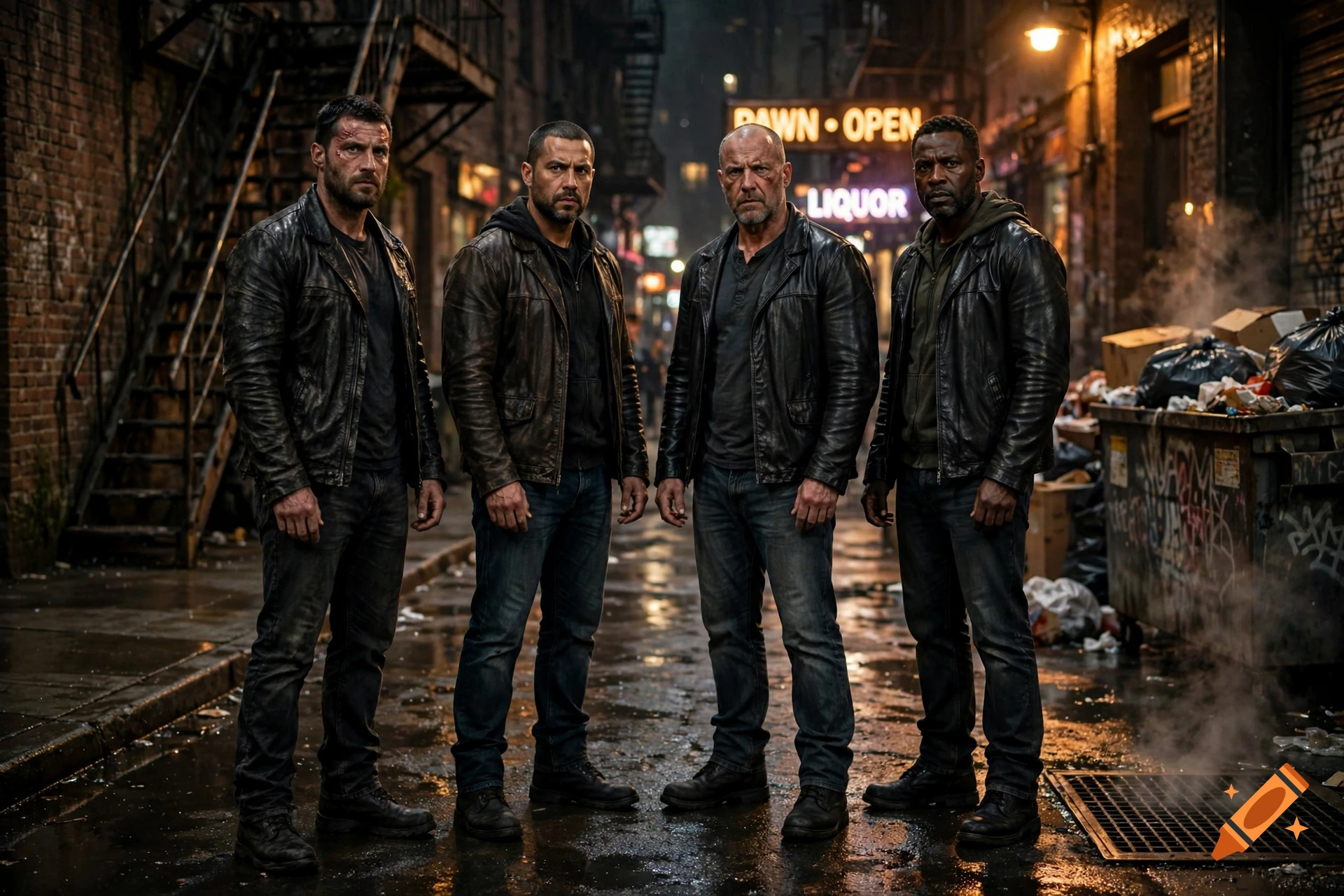 Photorealistic image of four tough men in leather jackets standing in a gritty, wet alleyway at night.