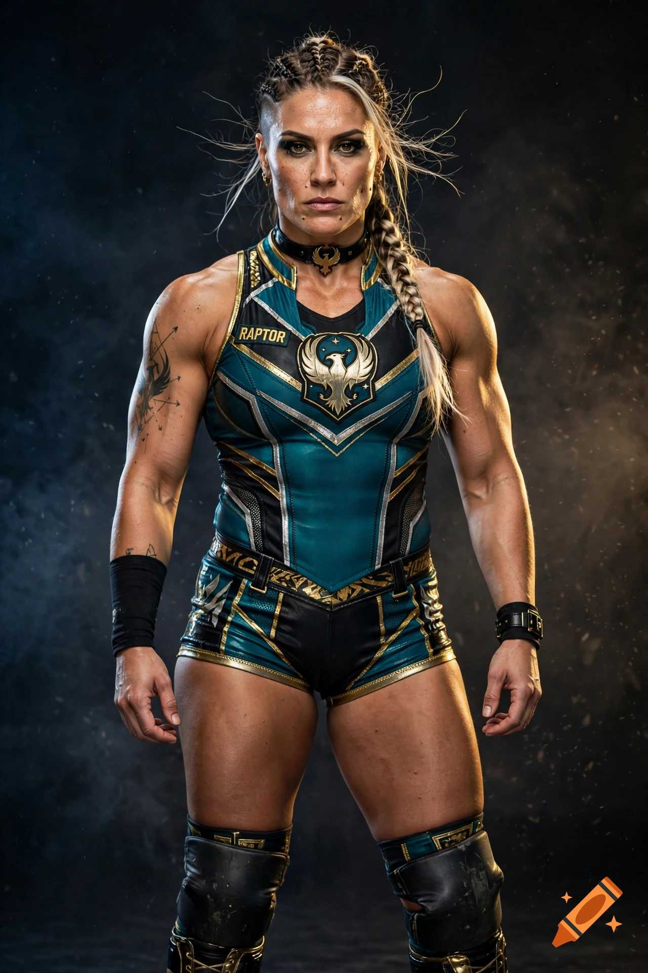 Photorealistic studio portrait of a powerful female professional wrestler with braided hair and custom teal wrestling gear.