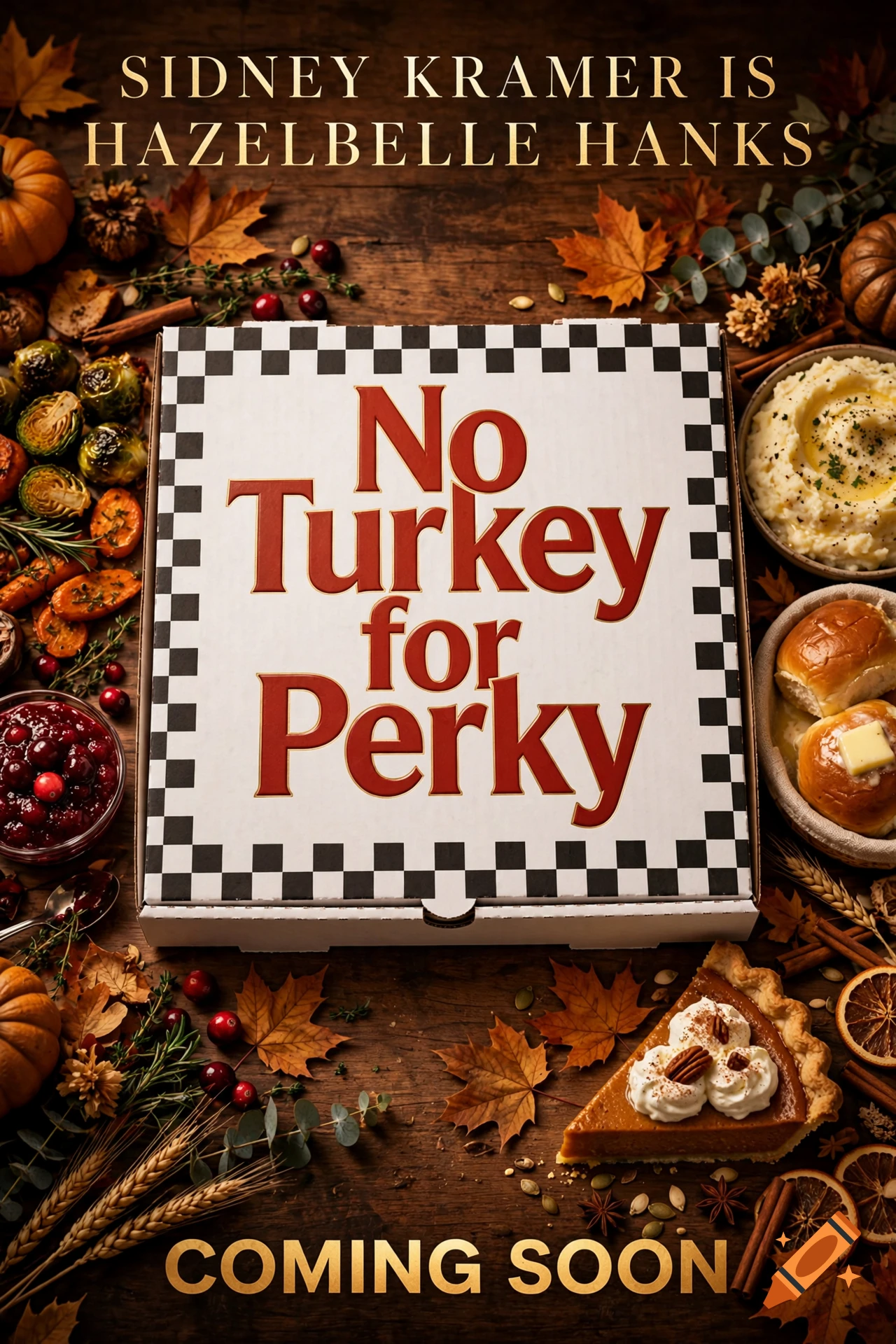 Photorealistic Thanksgiving movie poster with a pizza box titled 'No Turkey for Perky' surrounded by autumn food items.