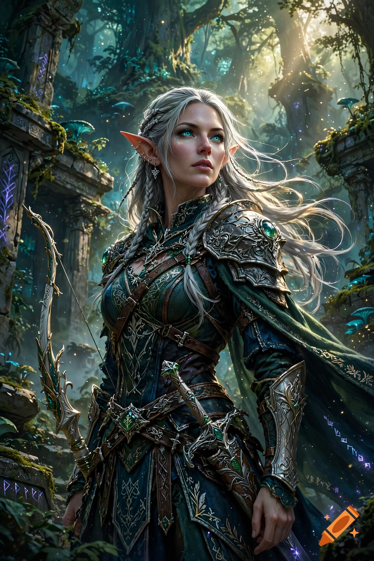 An elven woman with silver-blonde hair and pointed ears wears ornate green and silver armor in an ancient forest setting, holding a bow.