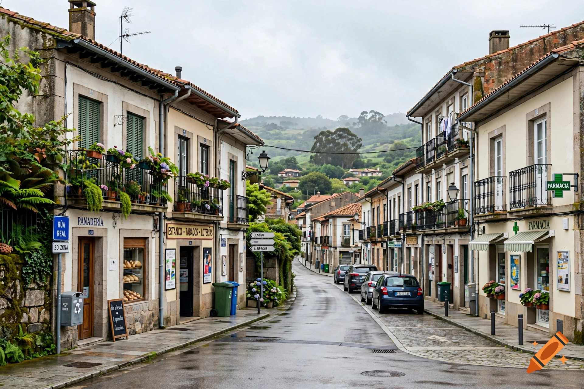 Wet cobblestone street of a European town lined with traditional stone buildings, parked cars, and green hills in the background under an overcast sky.