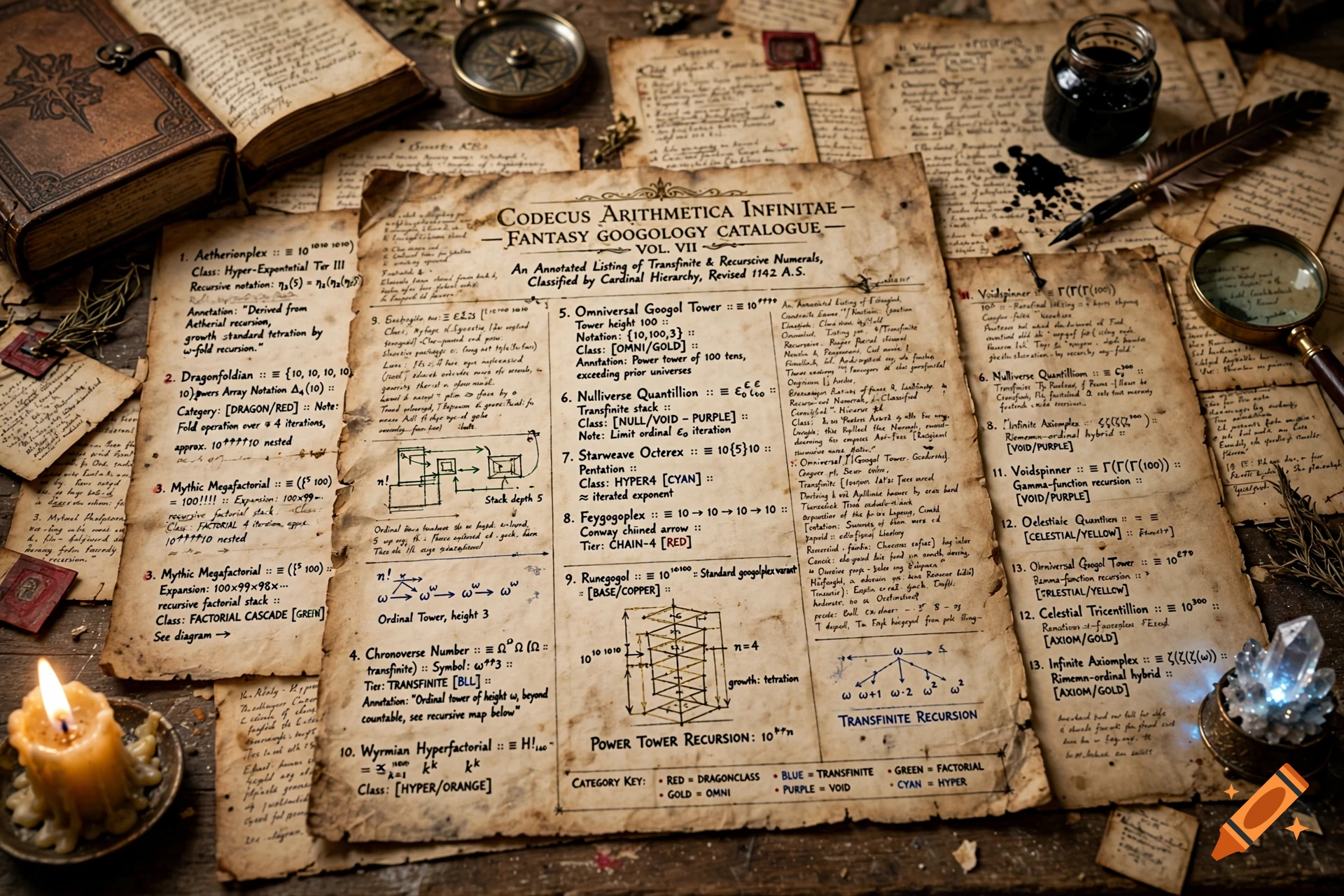 Top-down view of an antique wooden desk covered in old parchment papers, mathematical diagrams, a book, inkwell, feather pen, and a burning candle.