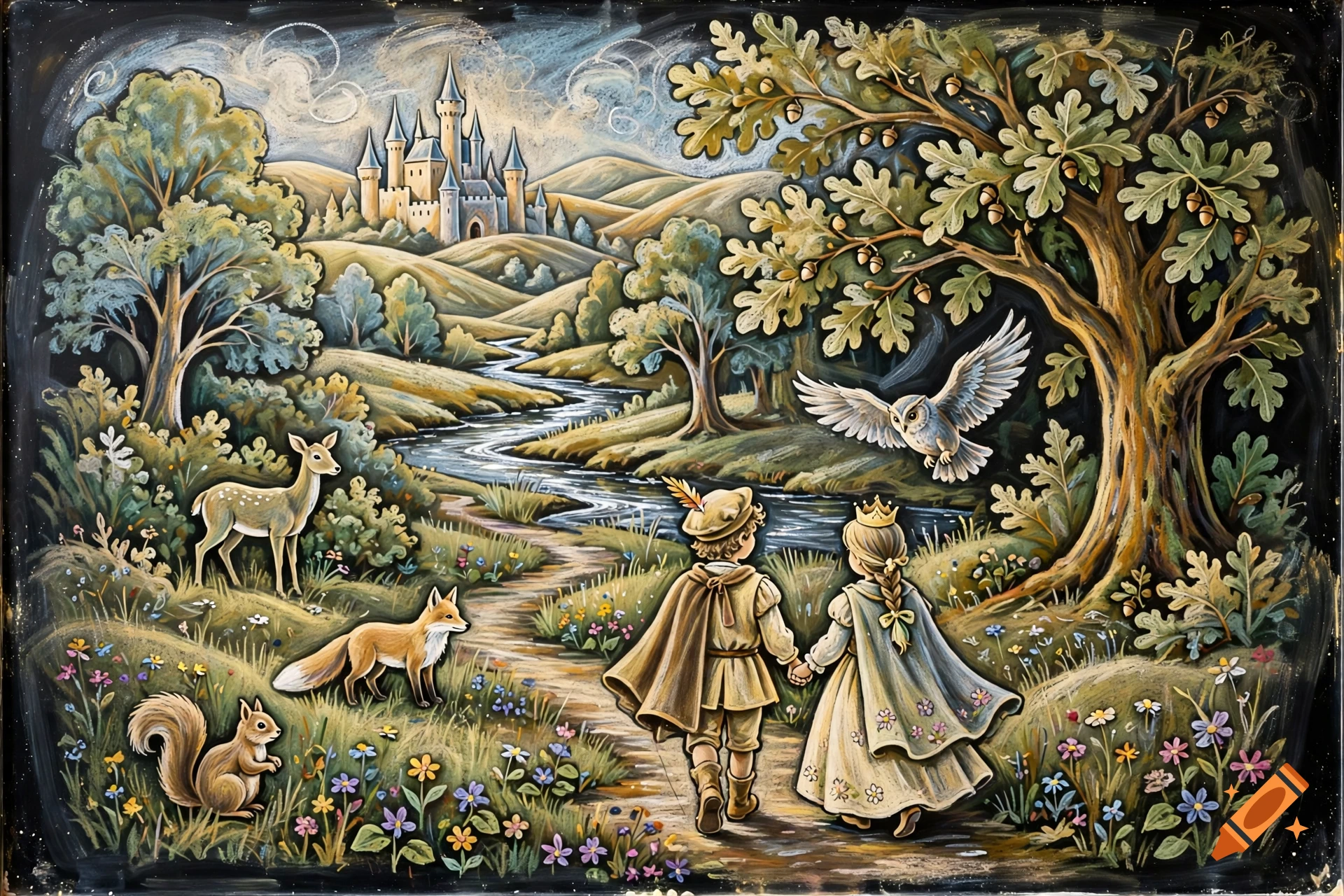 A stylized fairy tale illustration of a boy and girl walking hand in hand along a winding path toward a distant castle, accompanied by forest animals and a large oak tree.