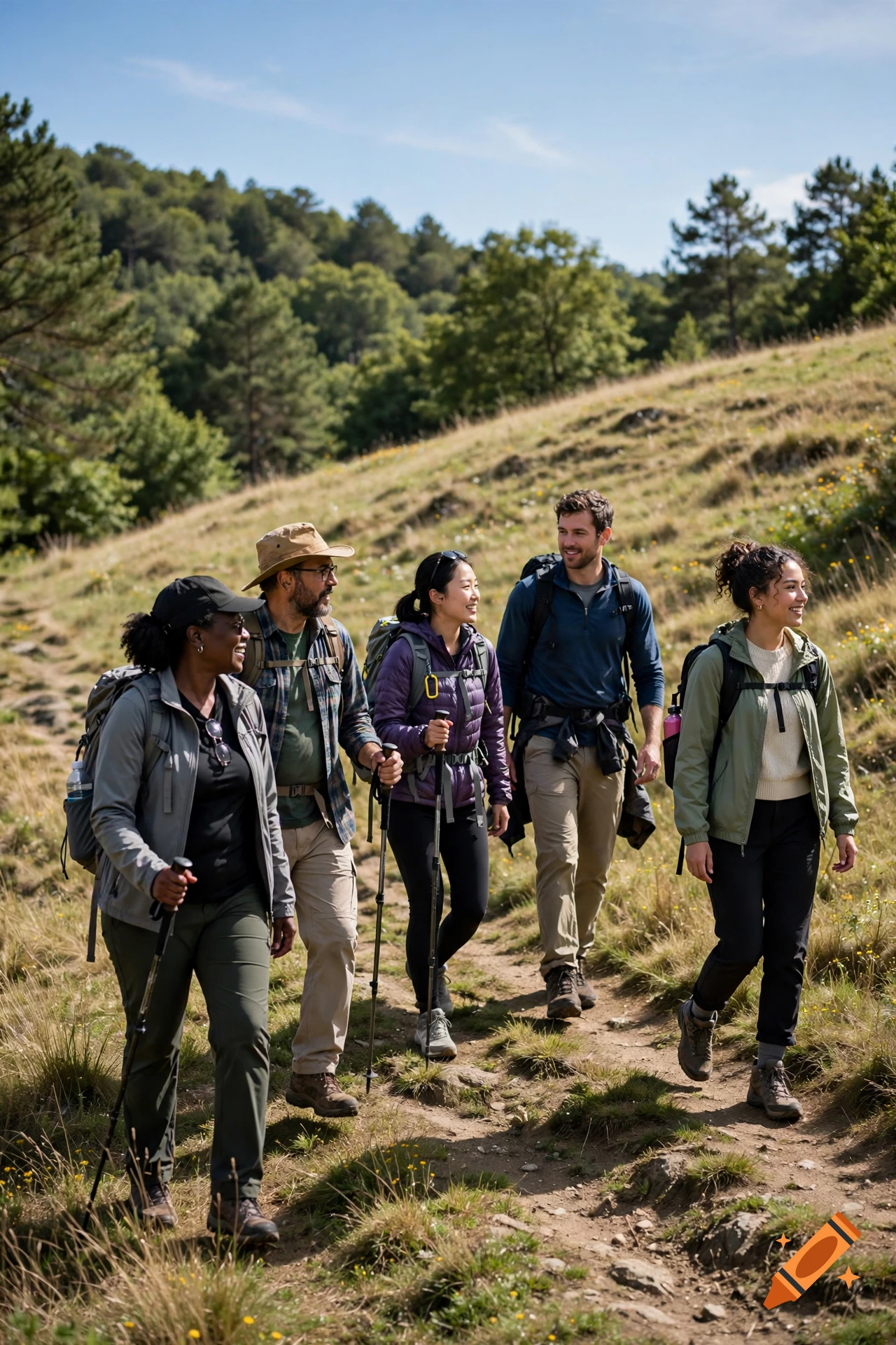 A diverse group of five friends hiking on a grassy hill with backpacks and walking poles under a blue sky.