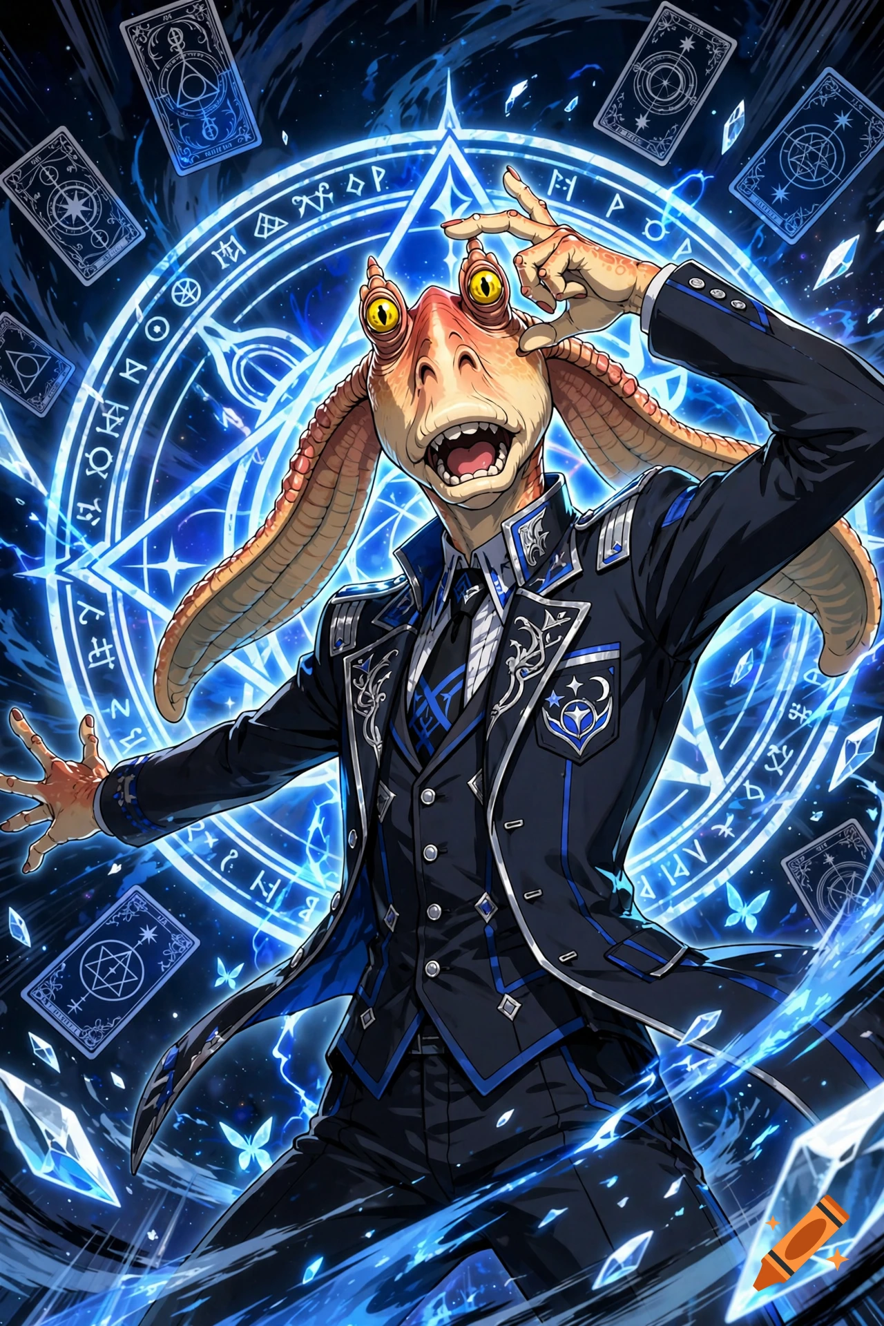 An anime-style illustration of Jar Jar Binks wearing a dark suit with blue trim, performing a magical summoning pose with glowing runes and tarot cards.