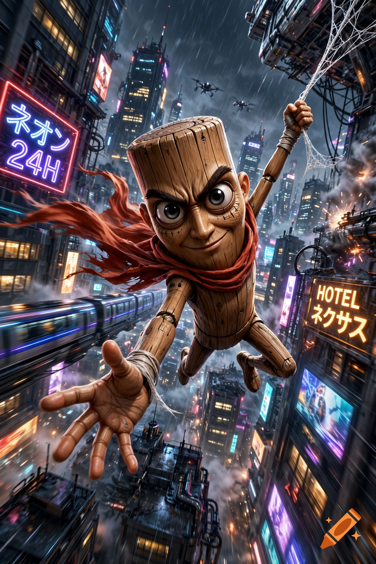 A wooden puppet character swinging through a futuristic cyberpunk city like Spider-Man, digital illustration.