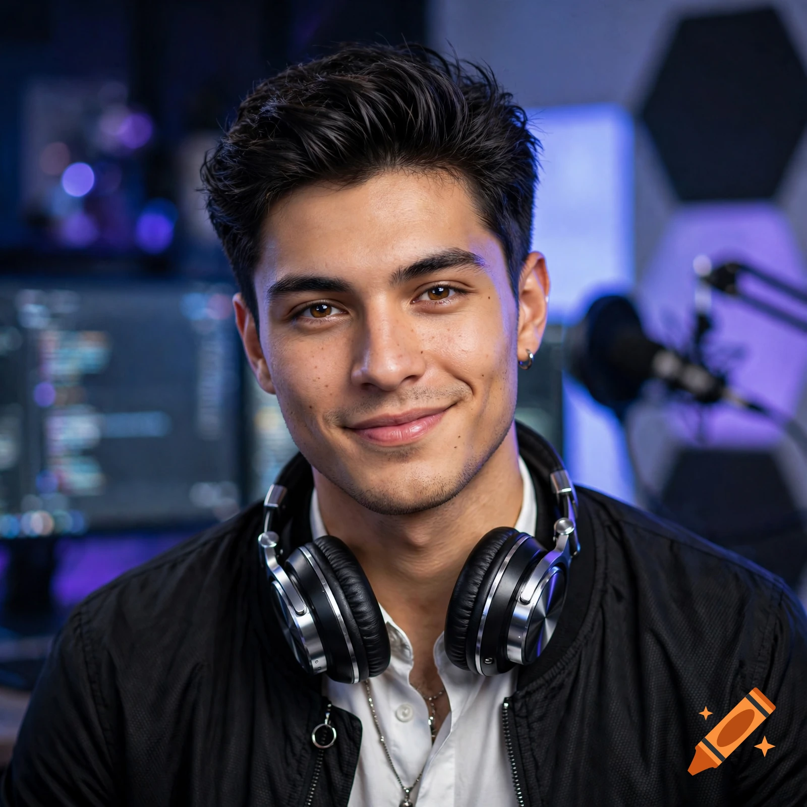 Close-up photorealistic portrait of a young male YouTuber with dark hair and headphones around his neck.