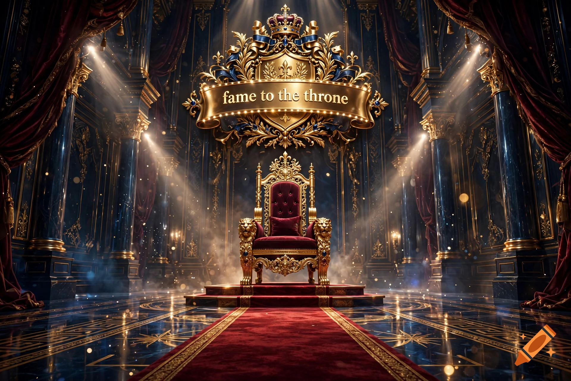 An ornate golden throne in a luxurious, dark hall with red carpets, dramatic lighting, and a banner reading 'fame to the throne'.