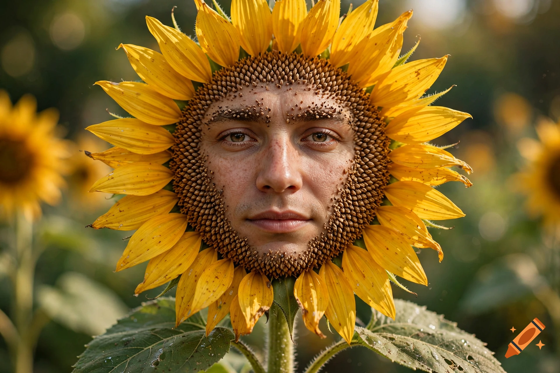Close-up photorealistic image of a sunflower where the central disk is replaced by a human face.
