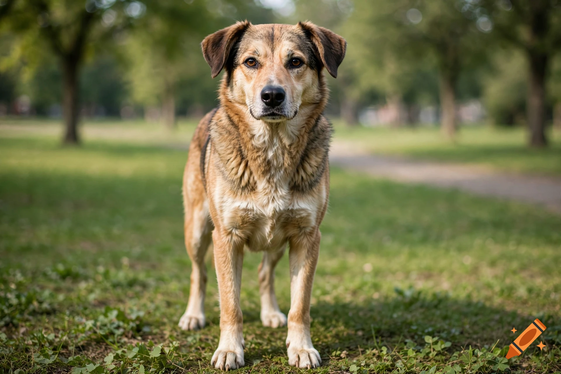 A medium-sized brown and black mixed-breed dog stands alert on a grassy park lawn, looking directly at the camera.