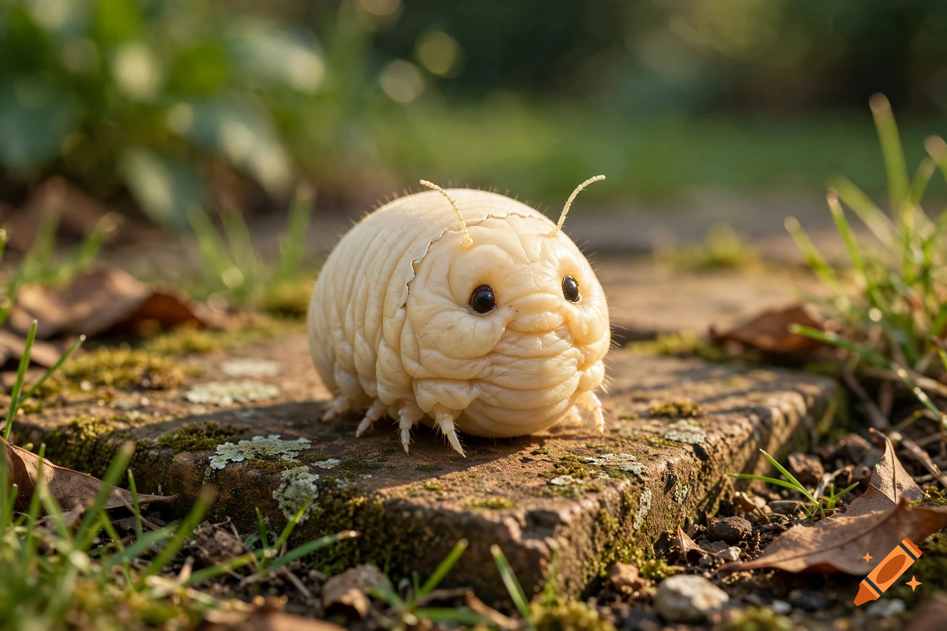 Close-up photorealistic shot of a chubby, light-colored grub with cute facial features sitting on a mossy brick outdoors.