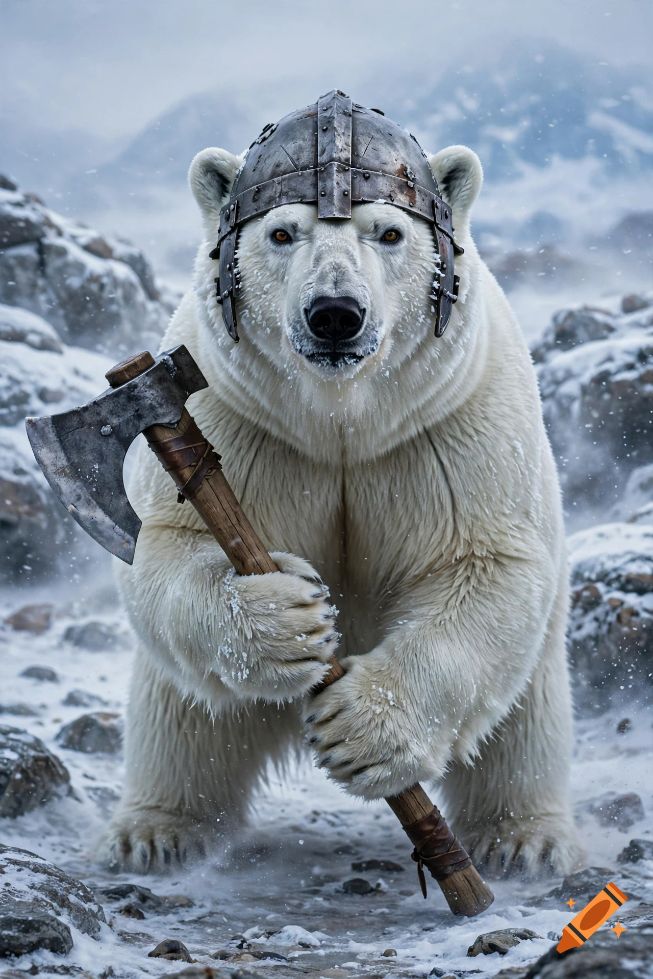Photorealistic polar bear wearing a steel viking helmet holding a battleaxe in a snowy mountainous landscape.