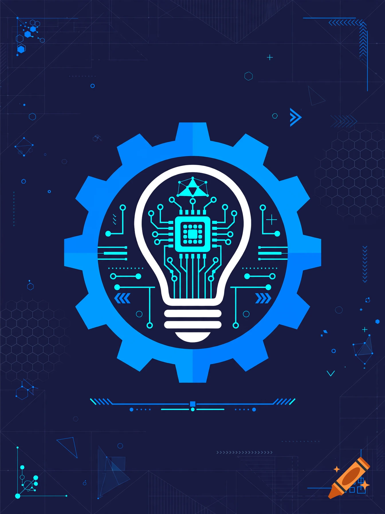 A glowing white lightbulb containing a central computer chip and circuit board patterns, overlaid on a blue gear icon against a dark blue background with abstract technological symbols and lines.