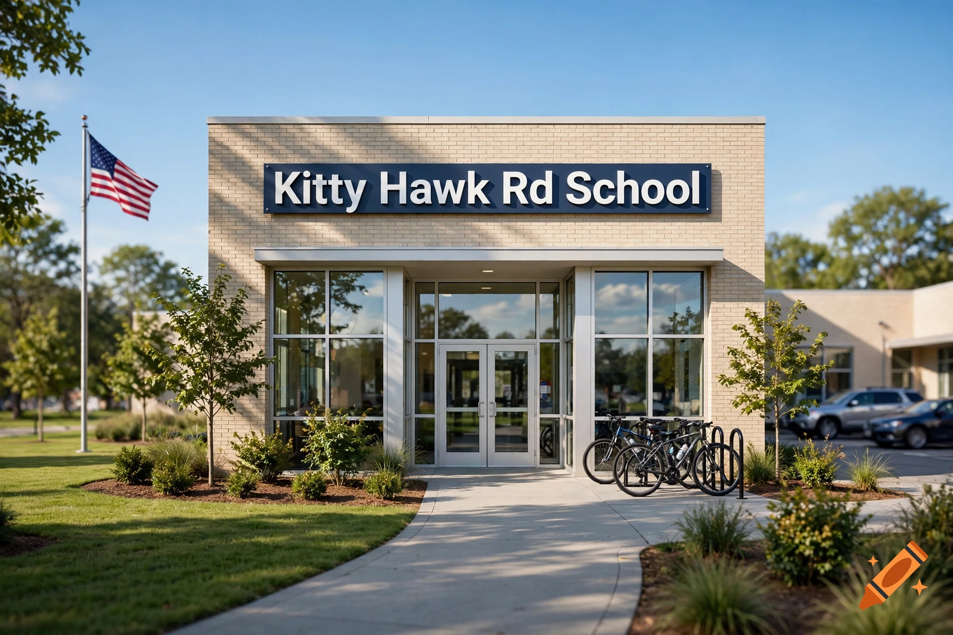 Photorealistic exterior view of Kitty Hawk Rd School with a brick facade, glass double doors, a prominent sign, and bikes parked outside.