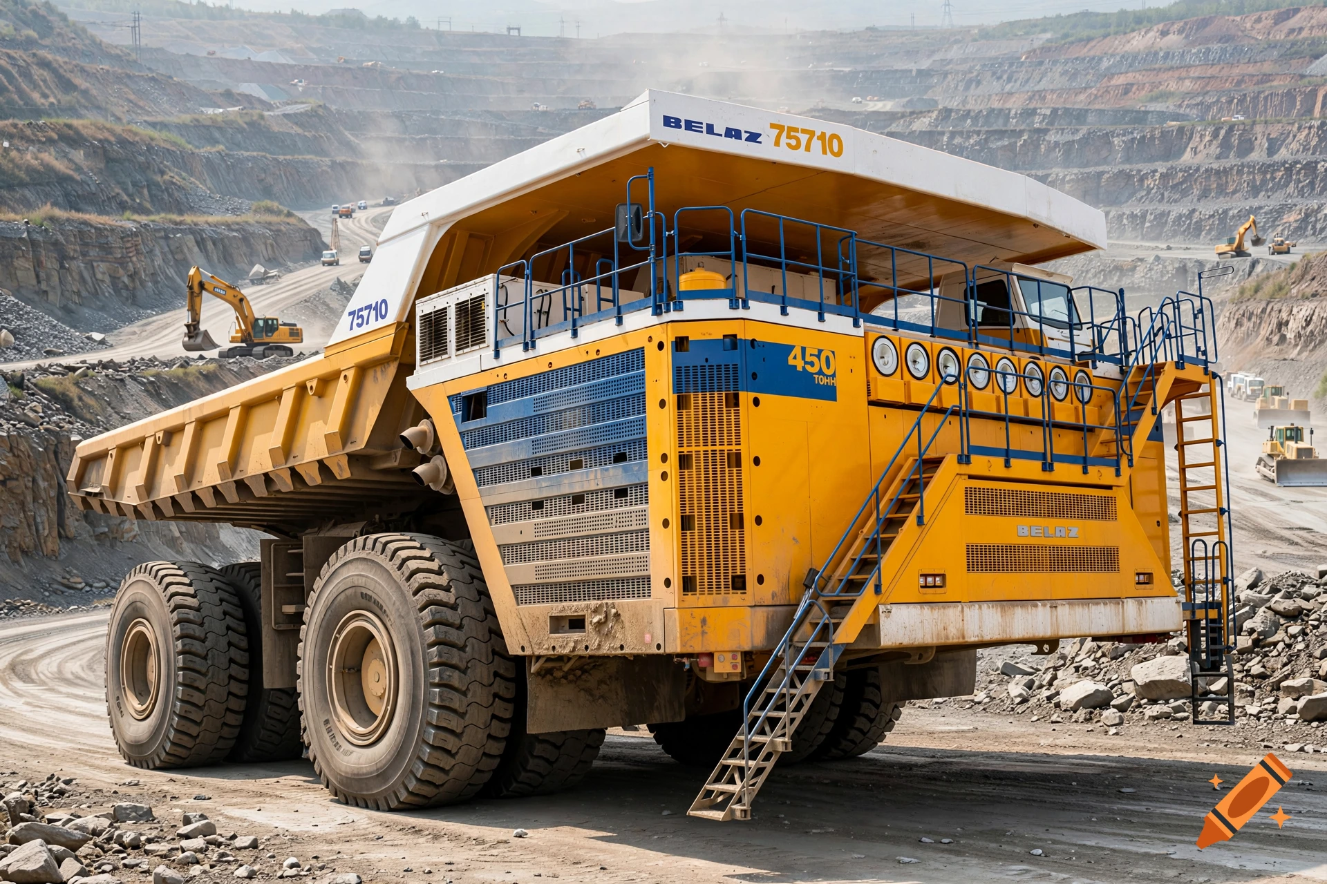Photorealistic image of a giant yellow and white BelAZ 75710 mining dump truck in a large open-pit quarry.