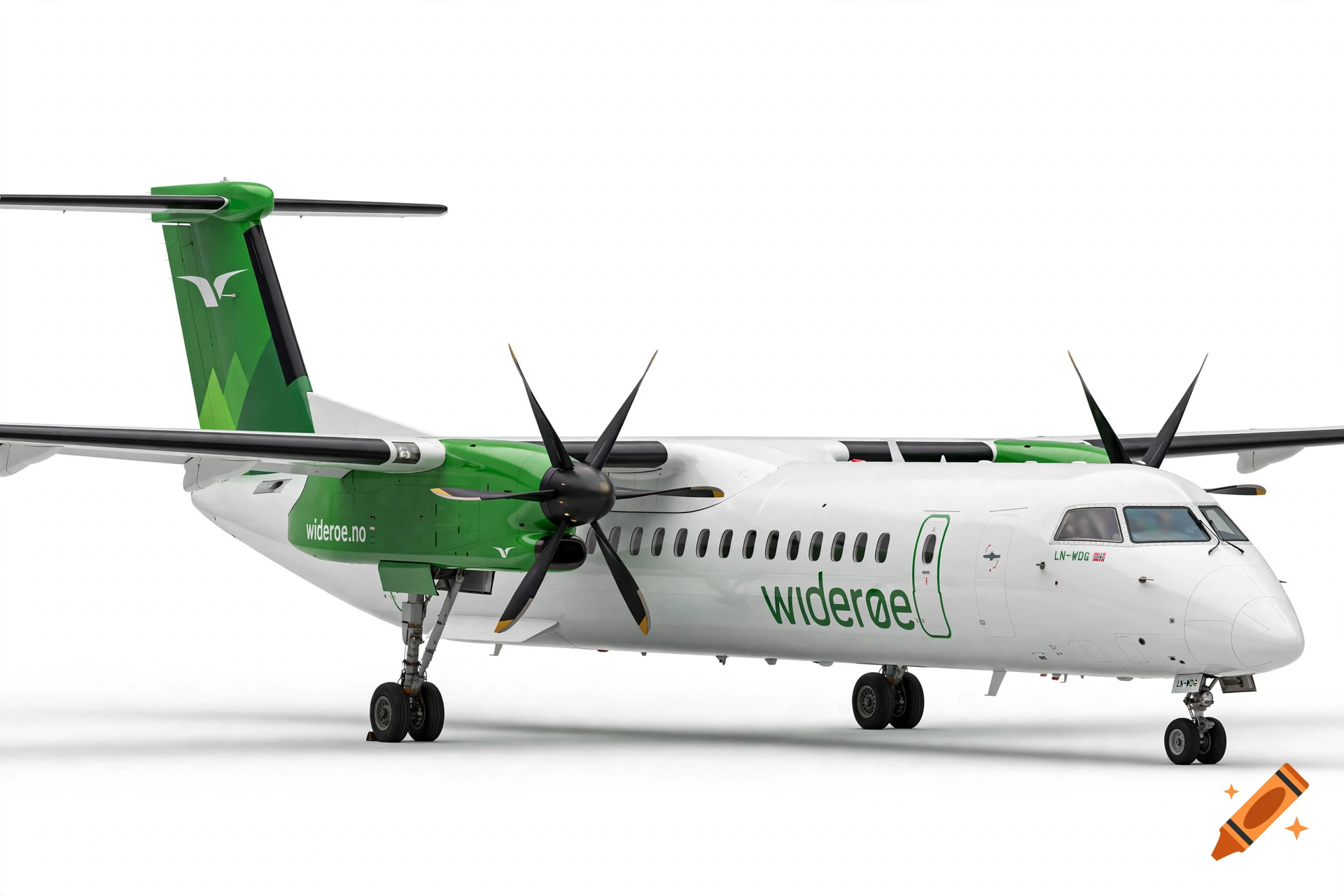 Photorealistic image of a Widerøe turboprop airplane on a solid white background.