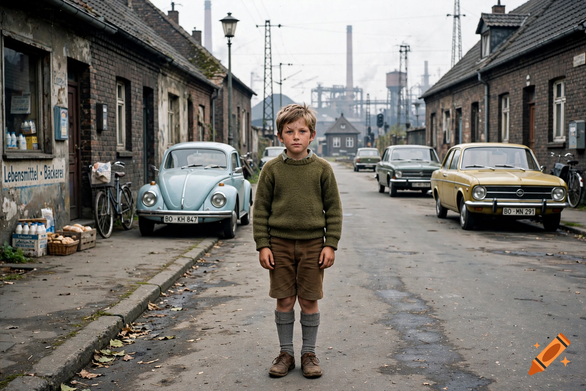 Photorealistic image of a young boy standing in the middle of a cobblestone street in 1970s Bochum, Germany, with vintage cars and industrial background.
