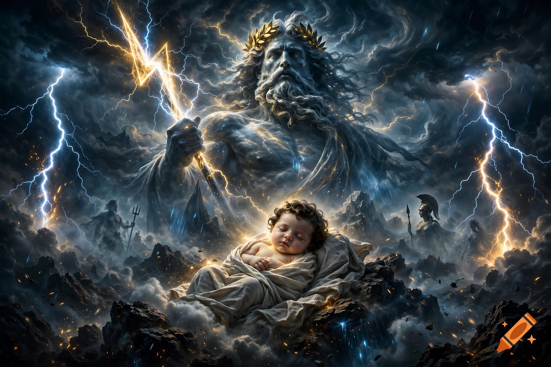 Baby Zeus sleeping peacefully on a rocky mountain under a giant transparent shadow of adult Zeus with lightning in a stormy sky.