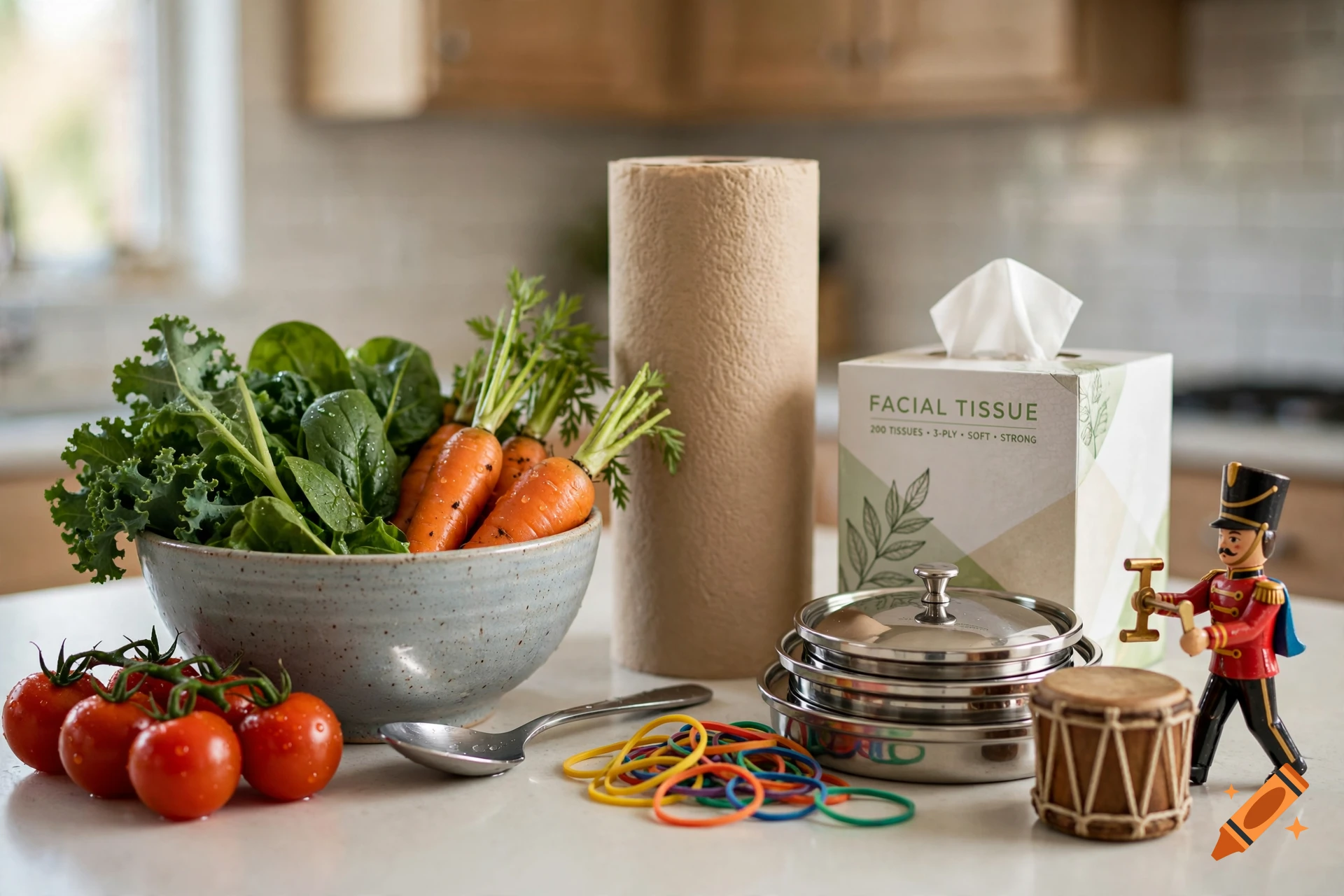 Photorealistic still life of a kitchen counter with a bowl of vegetables, paper towels, tissue box, and a toy soldier.