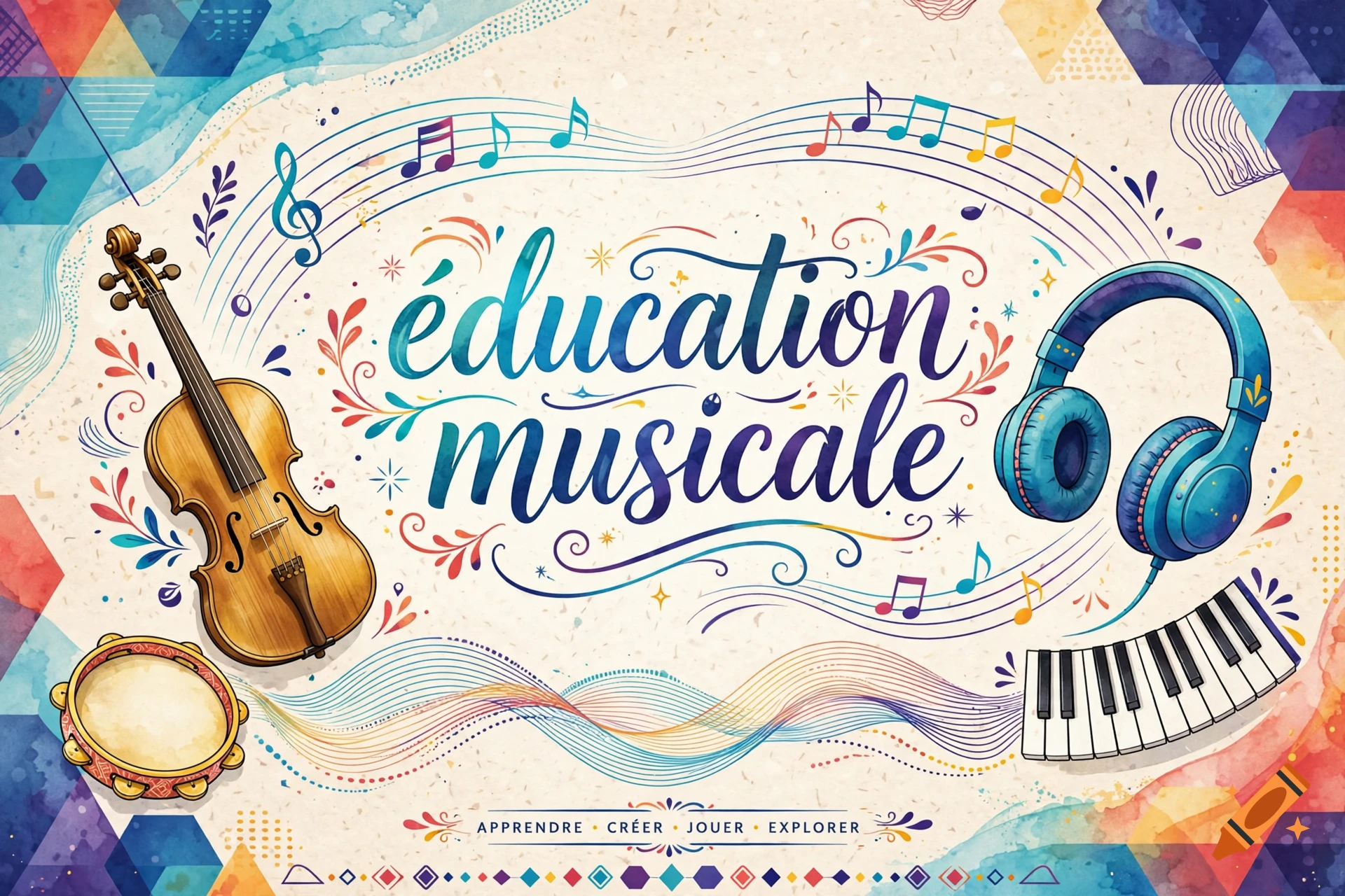 Colorful watercolor illustration featuring the text 'éducation musicale', surrounded by musical notes, a violin, headphones, a keyboard, and a tambourine.