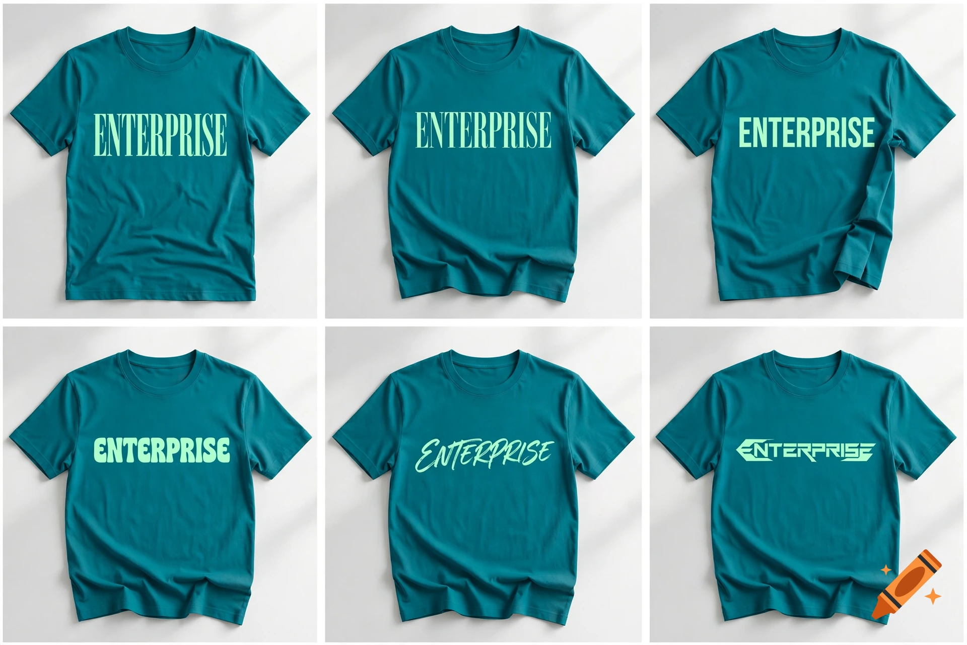 A product mockup showing six teal t-shirts featuring different typography styles for the word ENTERPRISE.