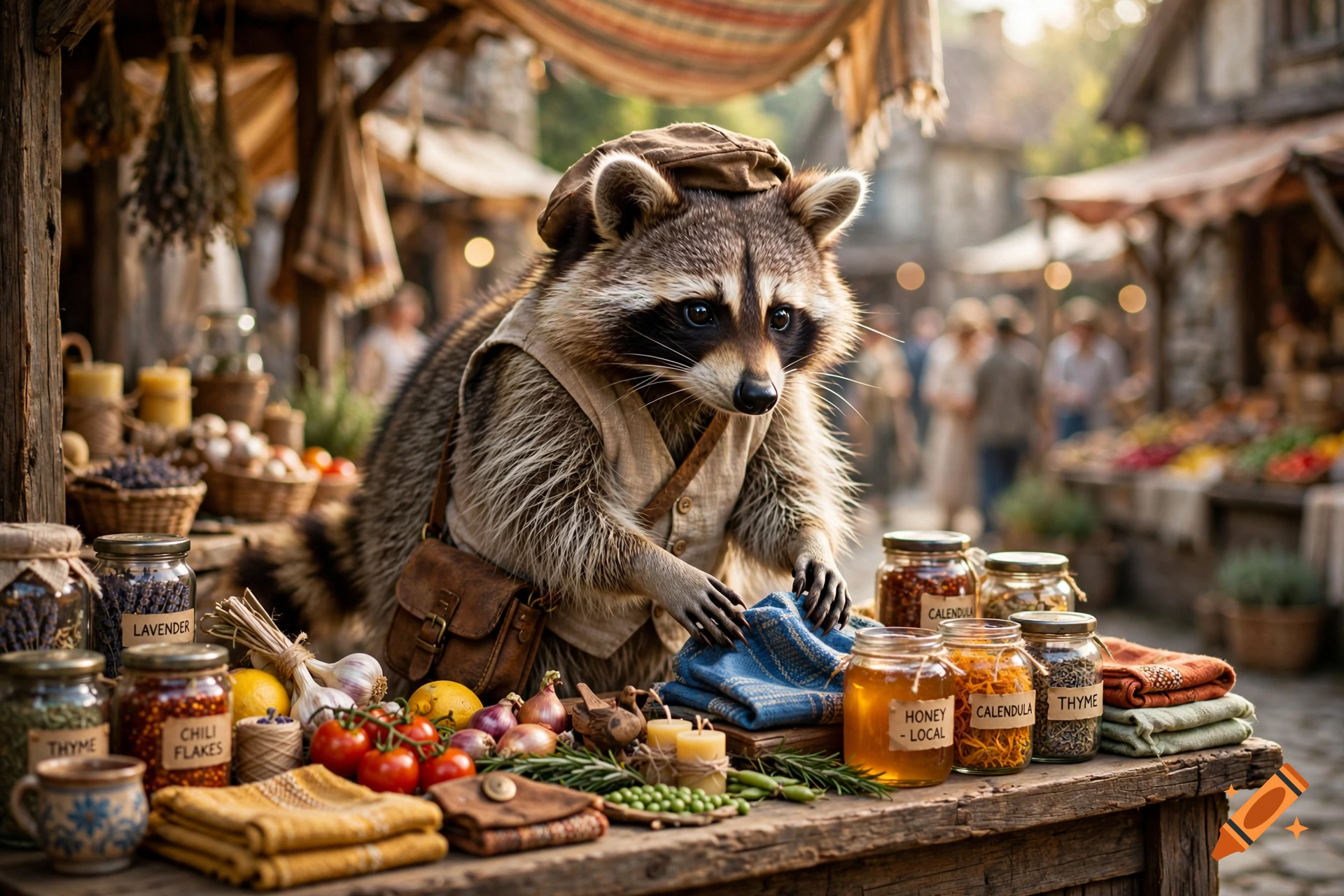 Photorealistic image of a cute raccoon trader wearing a vest and hat, standing behind a wooden stall filled with jars, spices, and produce in a medieval market.