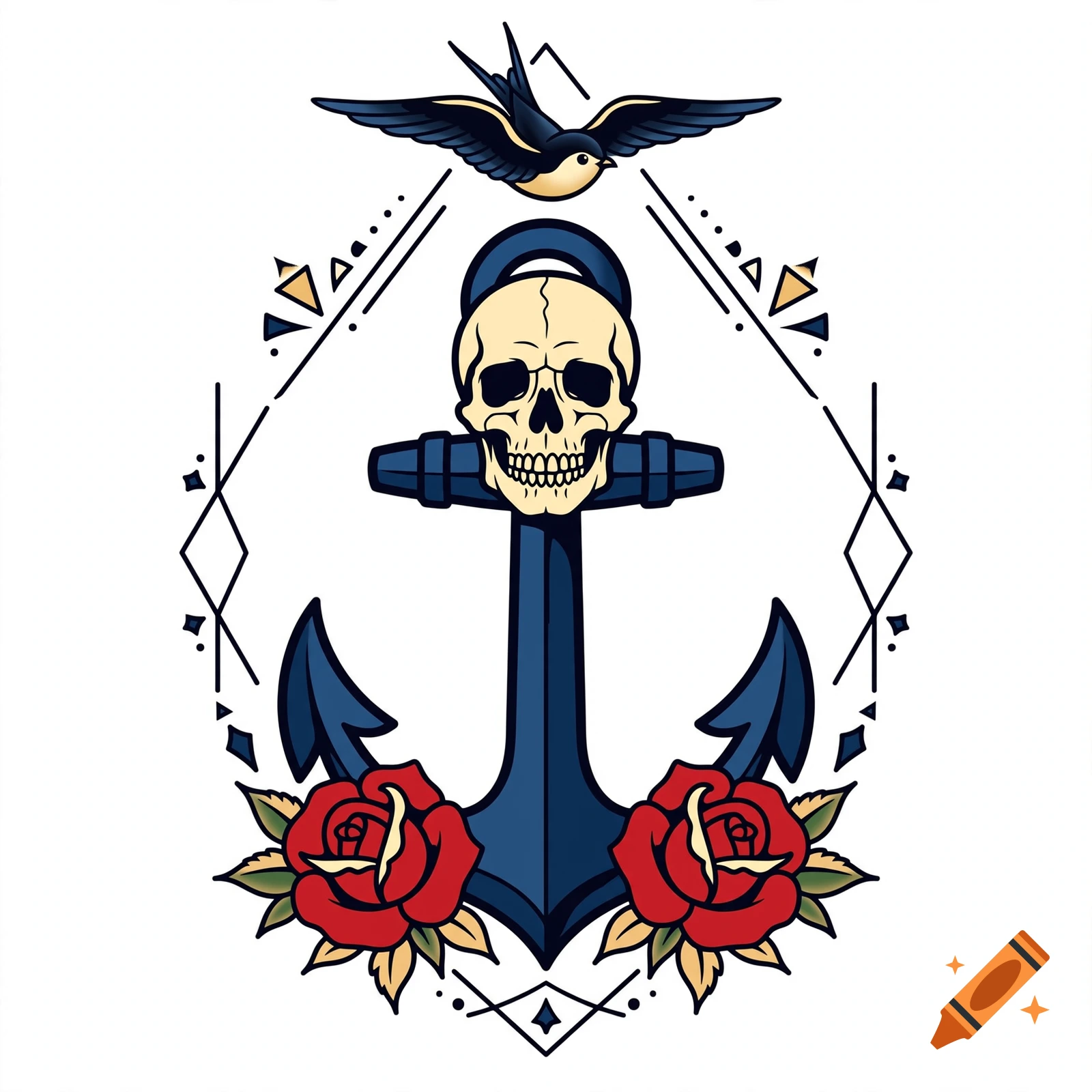 A traditional tattoo style illustration of a blue anchor adorned with a human skull, flanked by red roses, a flying swallow above, and geometric frames.