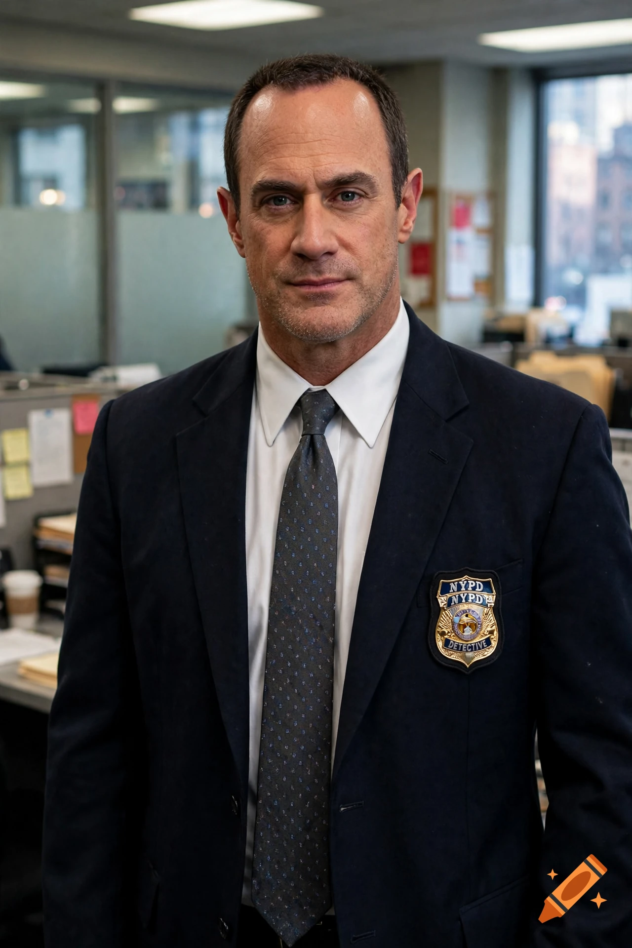 Photorealistic medium shot of a man resembling Elliot Stabler in a suit and tie, standing in a police precinct.
