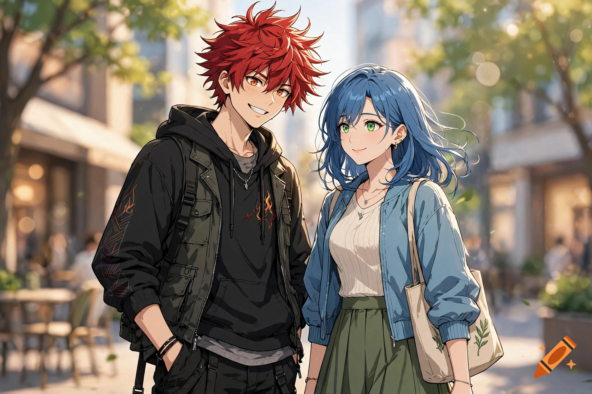 Anime style illustration of a smiling tall boy with red hair and a girl with blue hair standing outdoors in a city street.