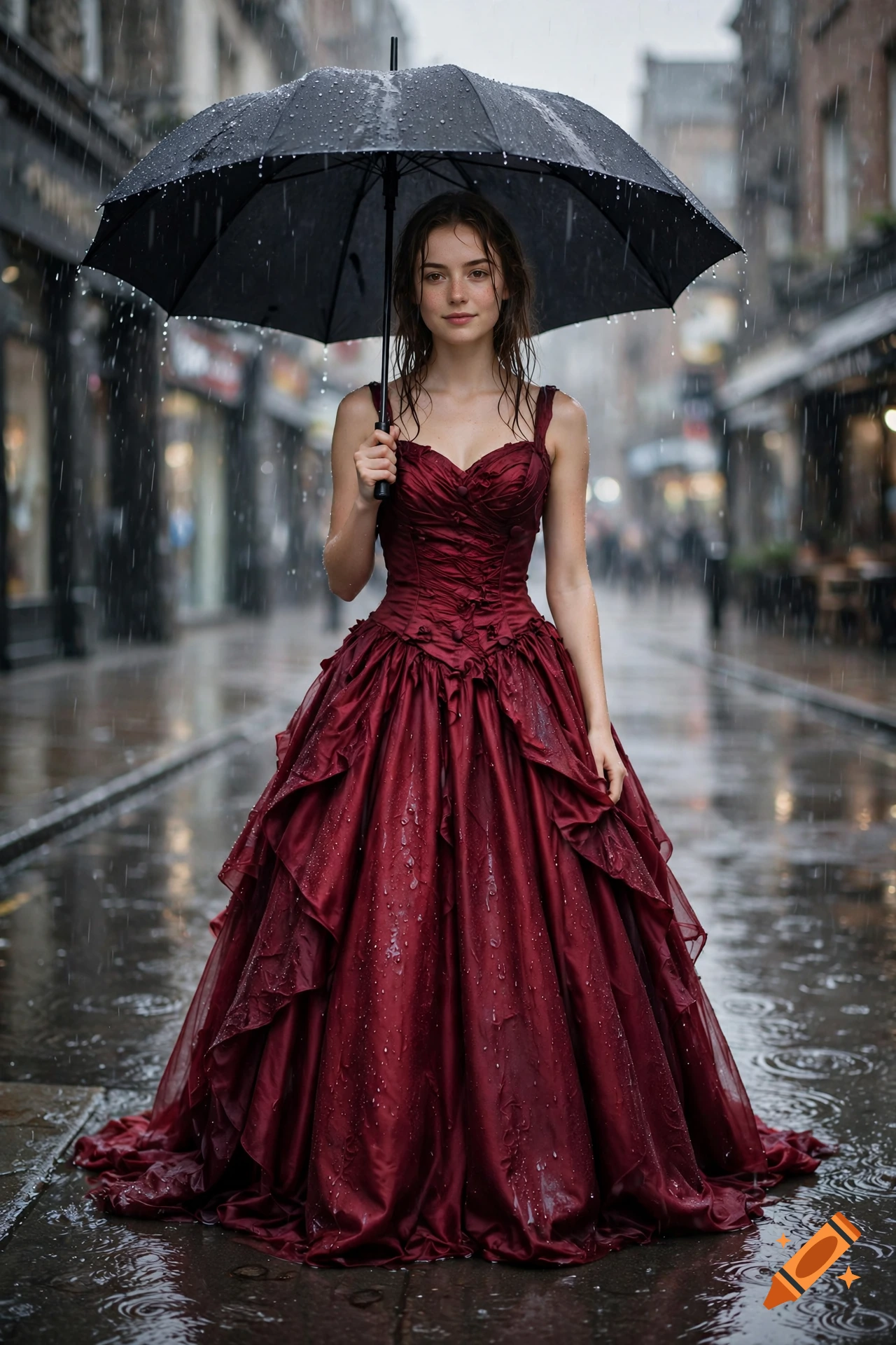 Photorealistic image of a young woman in a royal burgundy ballgown holding a black umbrella on a rainy city street.