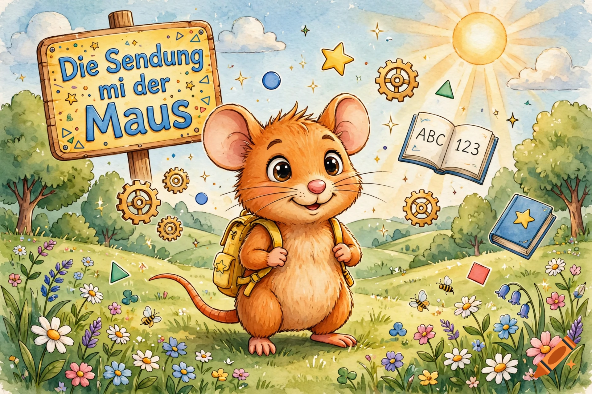 A cheerful cartoon mouse wearing a backpack stands in a sunny meadow filled with flowers, surrounded by floating books, gears, and a wooden sign.