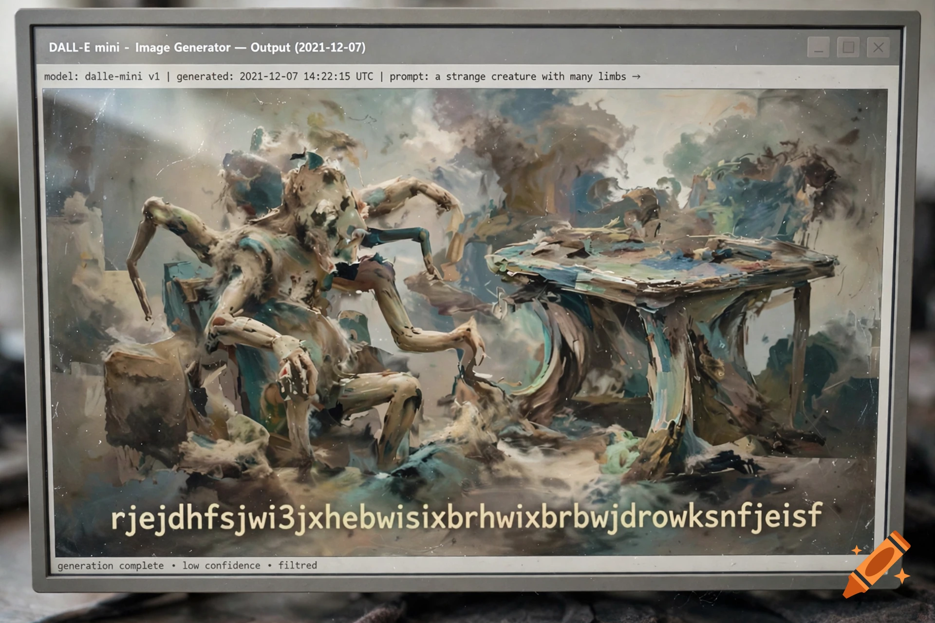 A computer screen displaying an AI-generated image of a strange multi-limbed creature in an abstract, painting-like style, with UI text and gibberish below.
