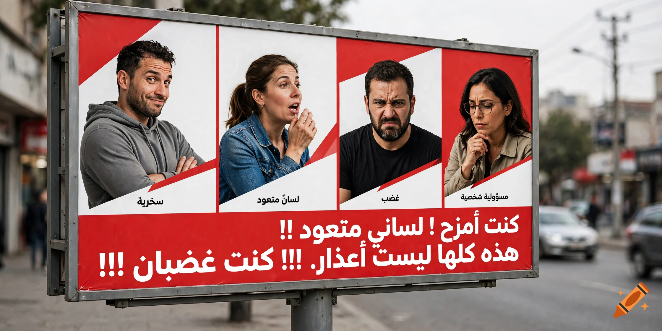 A photorealistic billboard by the street showing four panels with people expressing different emotions and Arabic text.