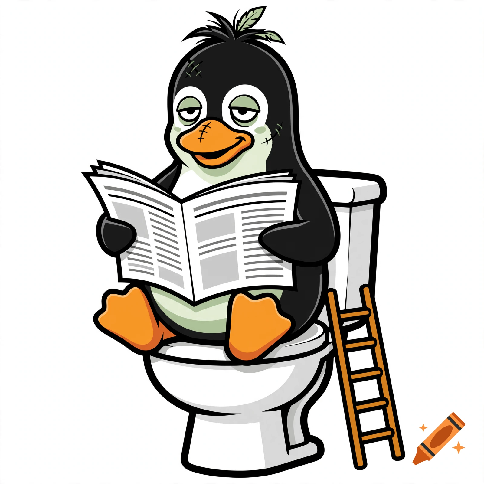 Vector logo of a zombie Linux penguin sitting on a toilet reading a newspaper.