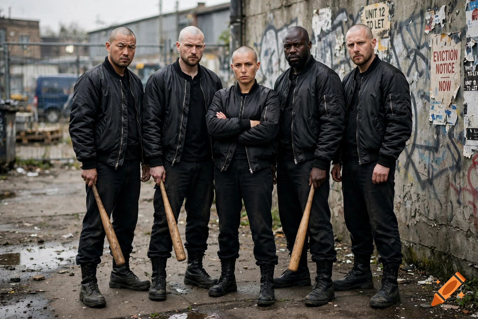 Photorealistic image of five people in black bomber jackets and boots standing in an alleyway, some holding baseball bats.