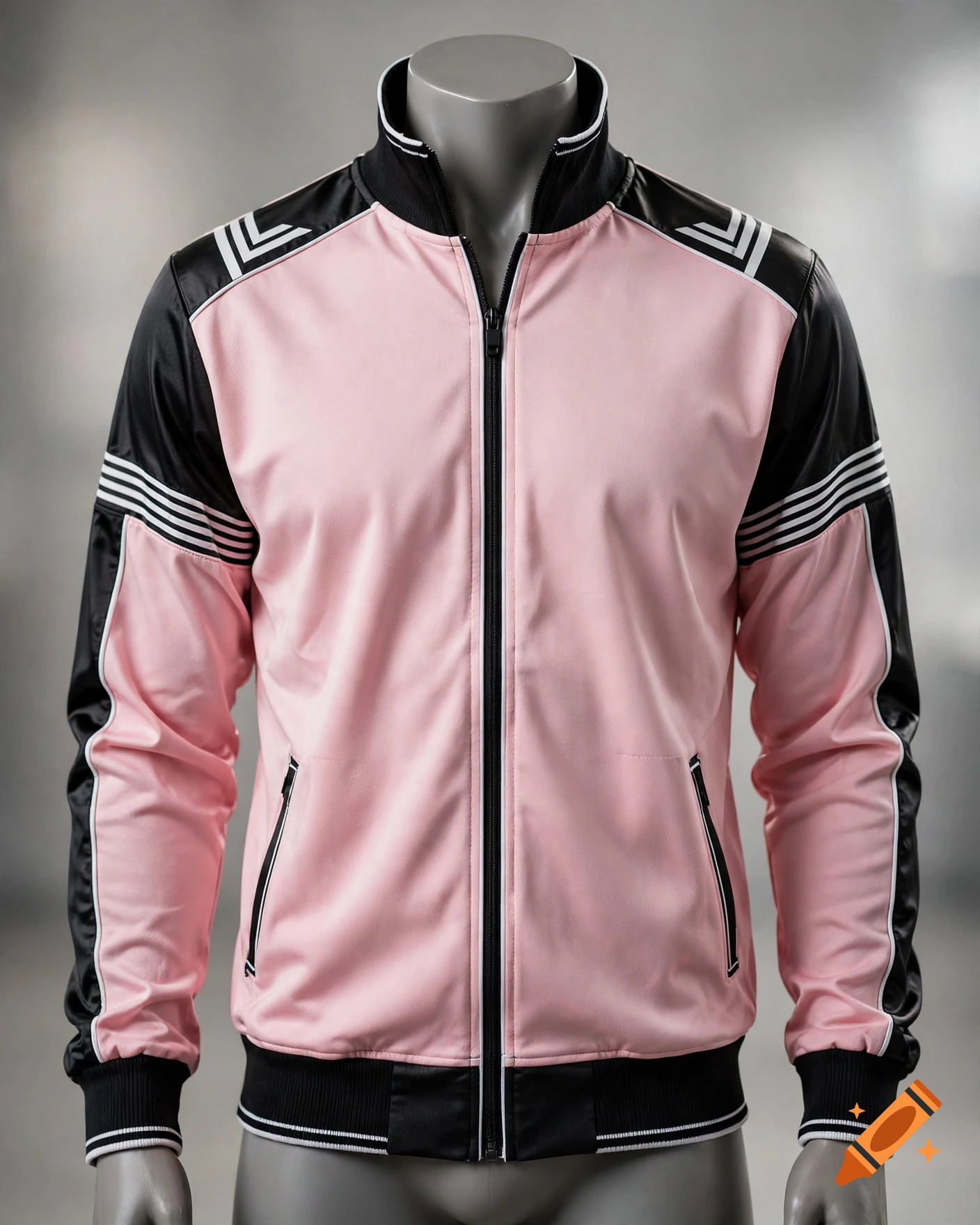 A pink and black zipped jacket with white piping details on a mannequin.