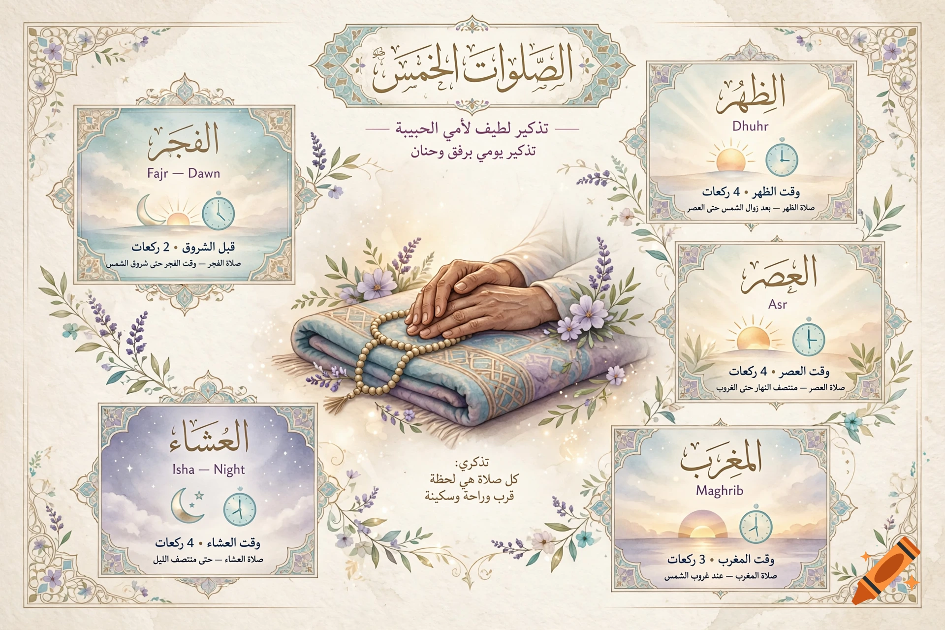 An illustrated guide in Arabic detailing the five daily Islamic prayers, featuring a prayer rug, beads, and clocks showing prayer times.