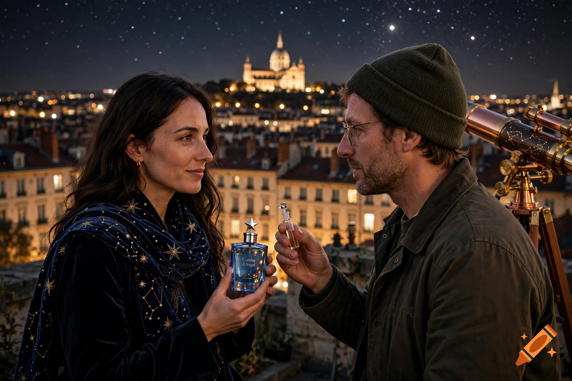 Photorealistic night scene on a rooftop in Lyon with a man and woman holding a perfume bottle, with a starry sky and illuminated city in the background.