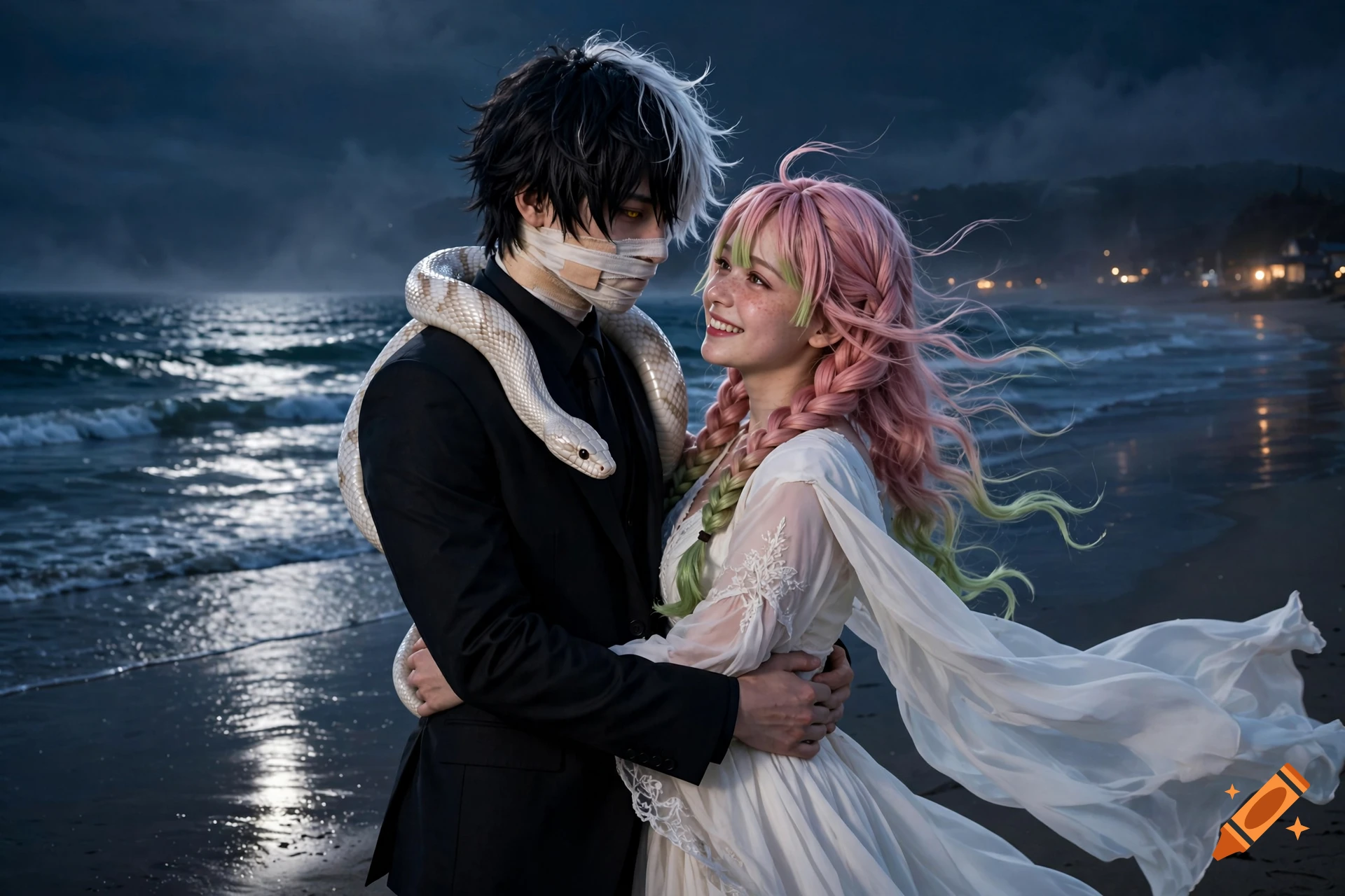 Photorealistic cosplay of Iguro Obanai and Mitsuri Kanroji embracing on a beach at night.