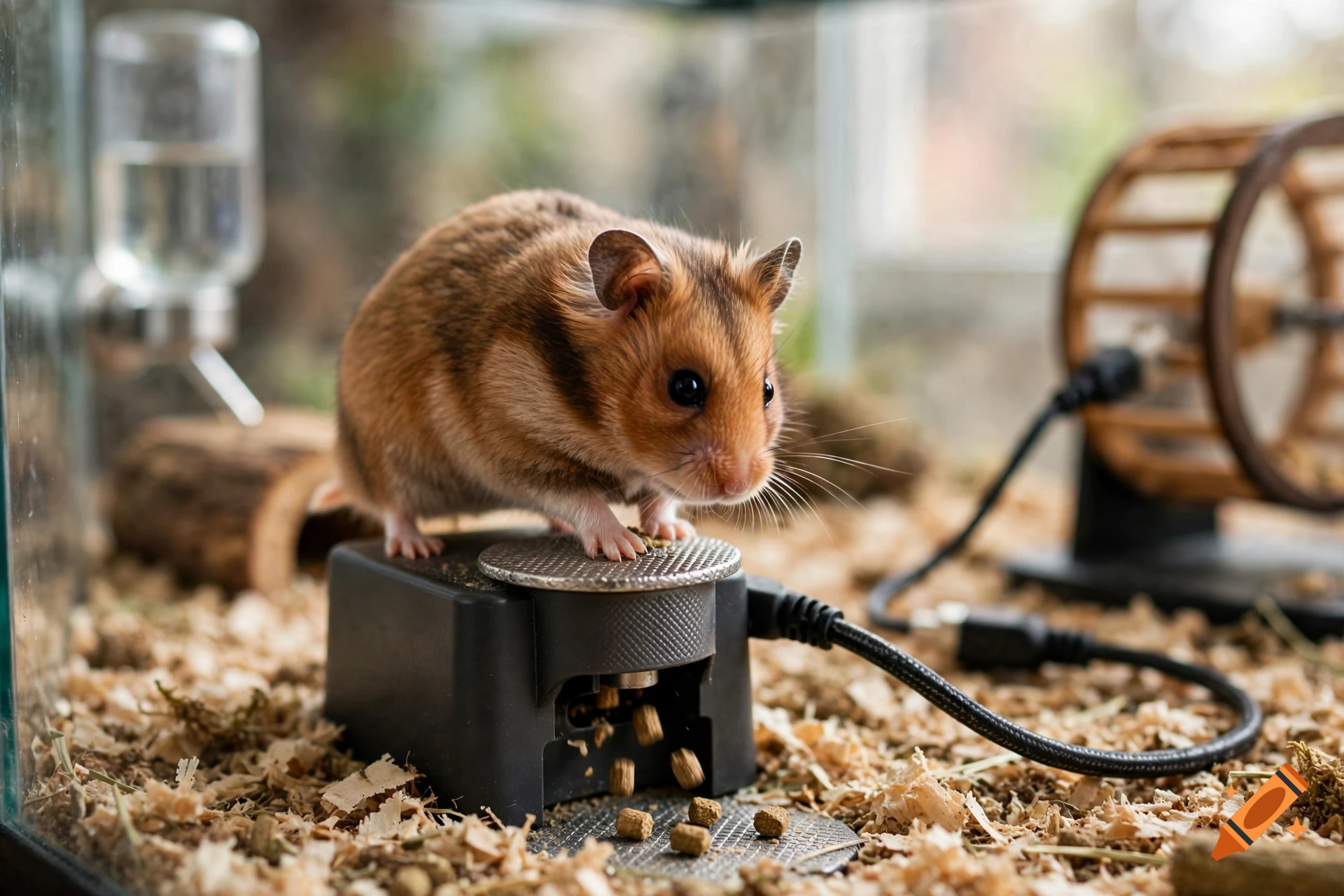 Photorealistic hamster standing on a motorized food dispenser plate inside a glass enclosure with wood shavings.