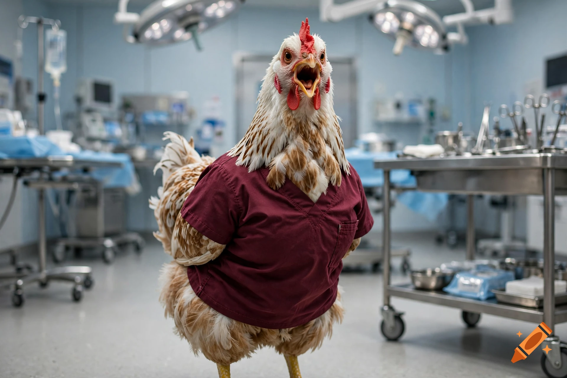 Photorealistic image of a squawking chicken wearing maroon surgical scrubs inside an operating room.