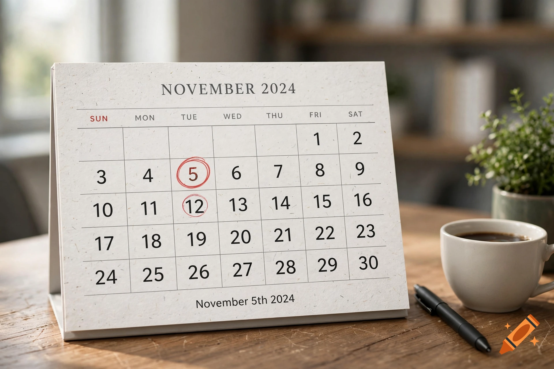 Photorealistic desk calendar showing November 2024 with a circled date, alongside a coffee cup and pen on a wooden table.
