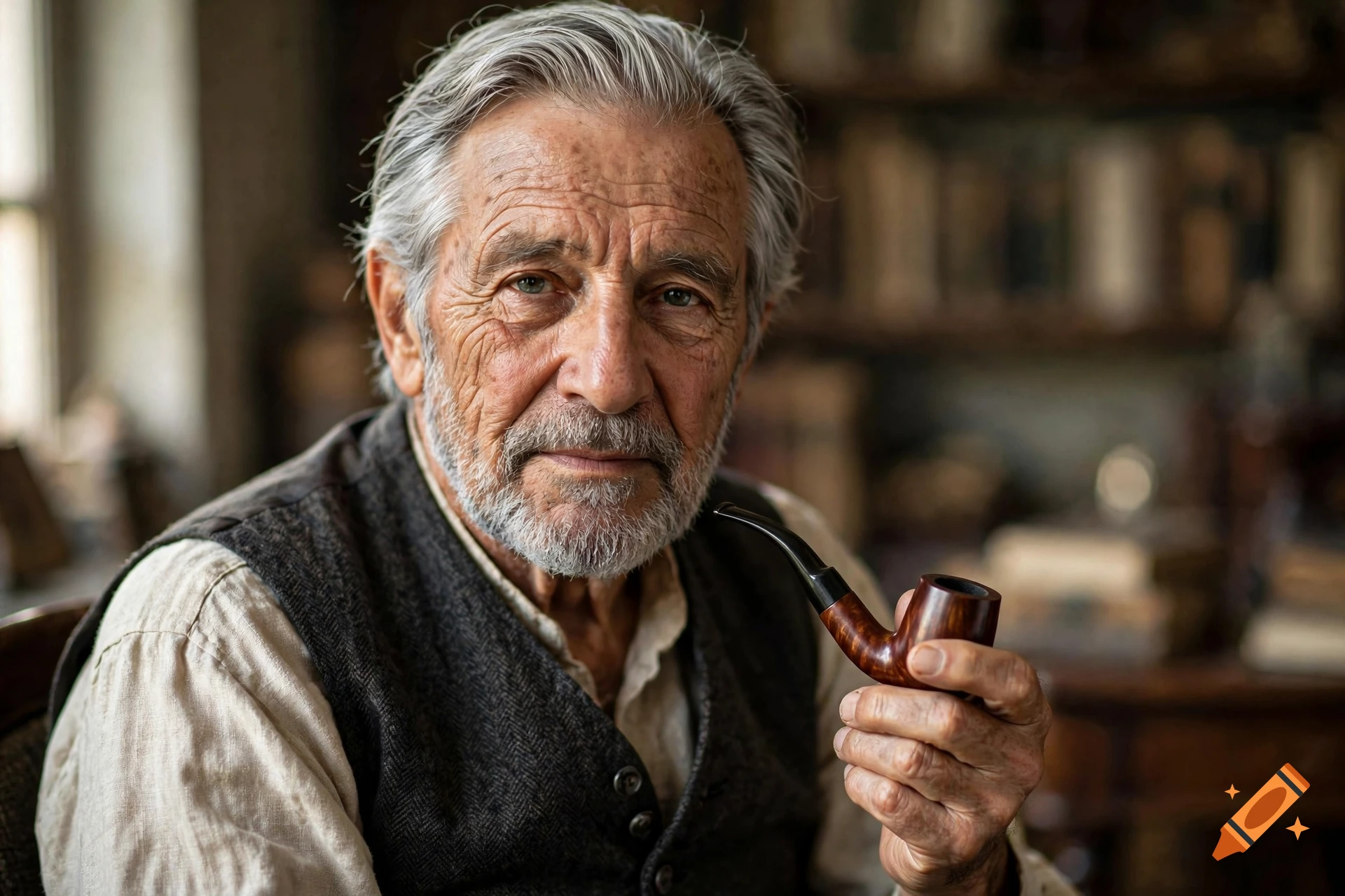 Photorealistic portrait of an elderly man with gray hair and beard, smoking a pipe in a rustic room.