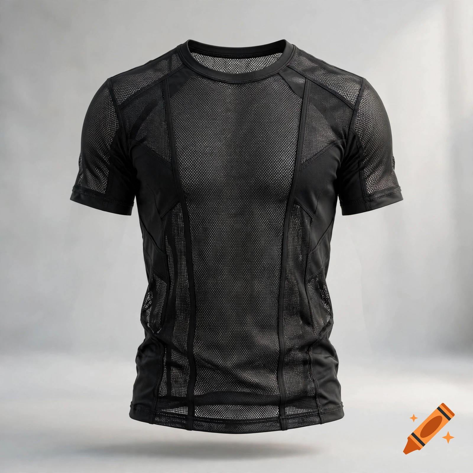 A photorealistic black athletic mesh t-shirt for men displayed against a neutral grey background.
