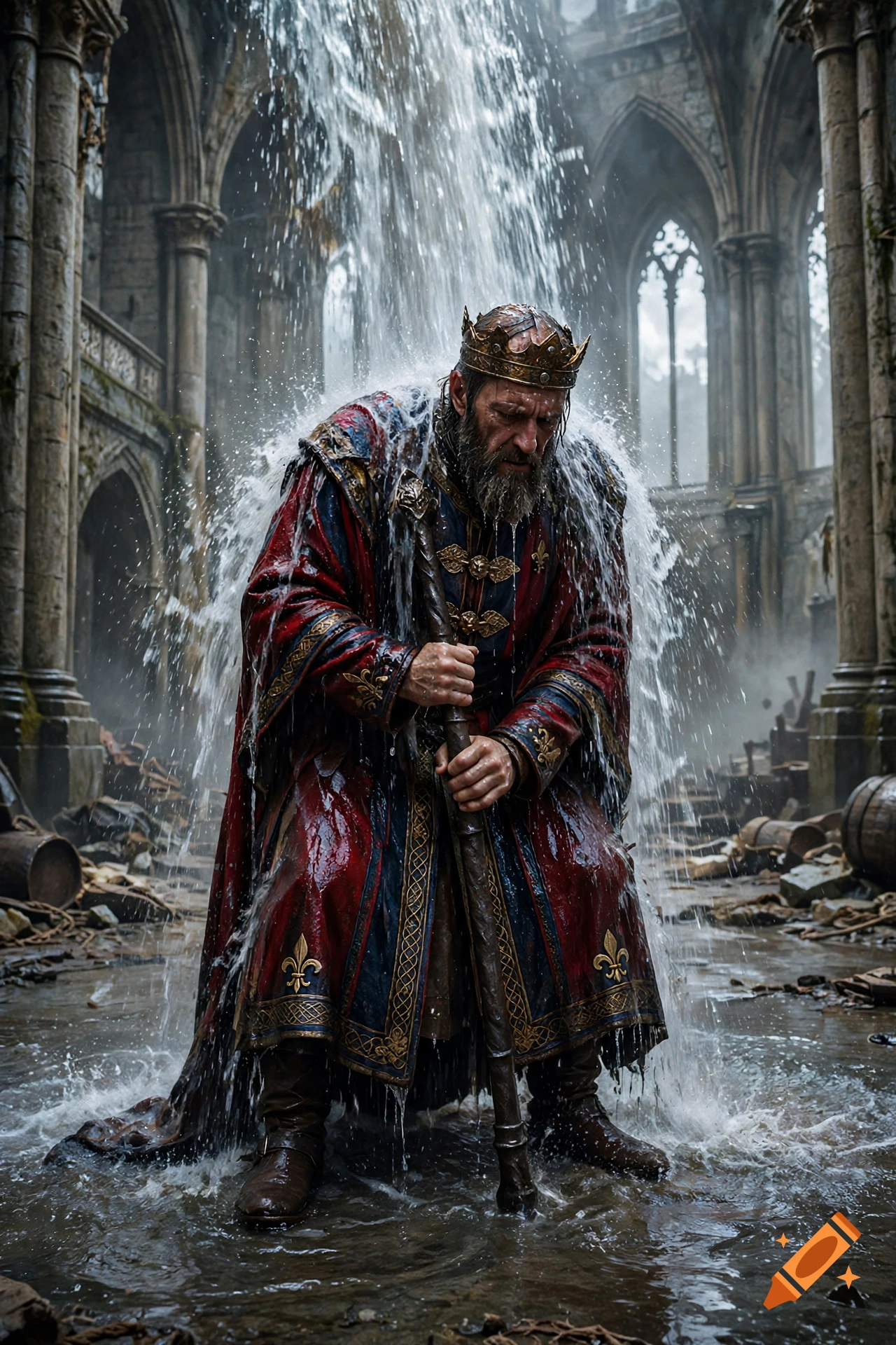 A bearded king wearing a crown and ornate medieval robes kneeling inside a ruined cathedral while water cascades over him.