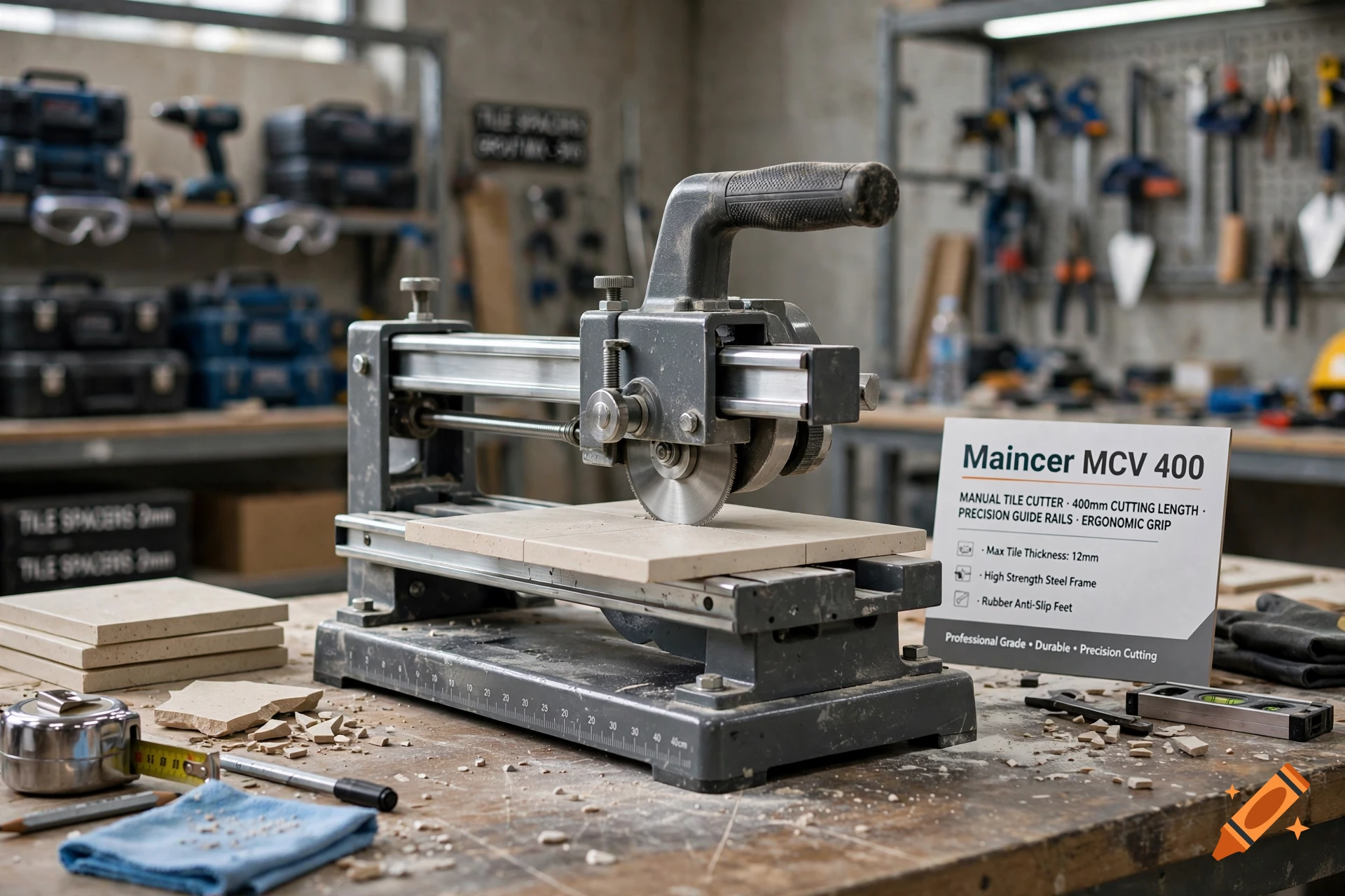 A manual tile cutter machine sits on a workbench in a workshop, with a small promotional sign next to it.