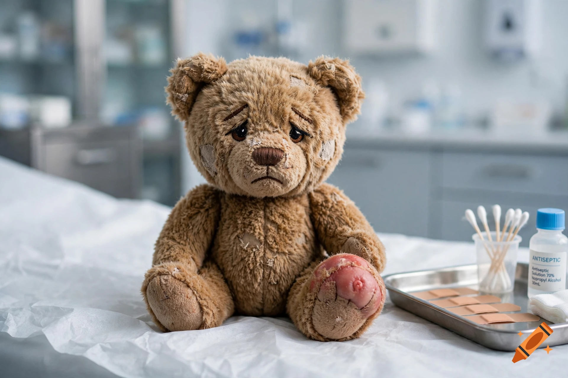 Photorealistic sad teddy bear with a swollen paw sitting on a medical examination table next to antiseptic and bandages.