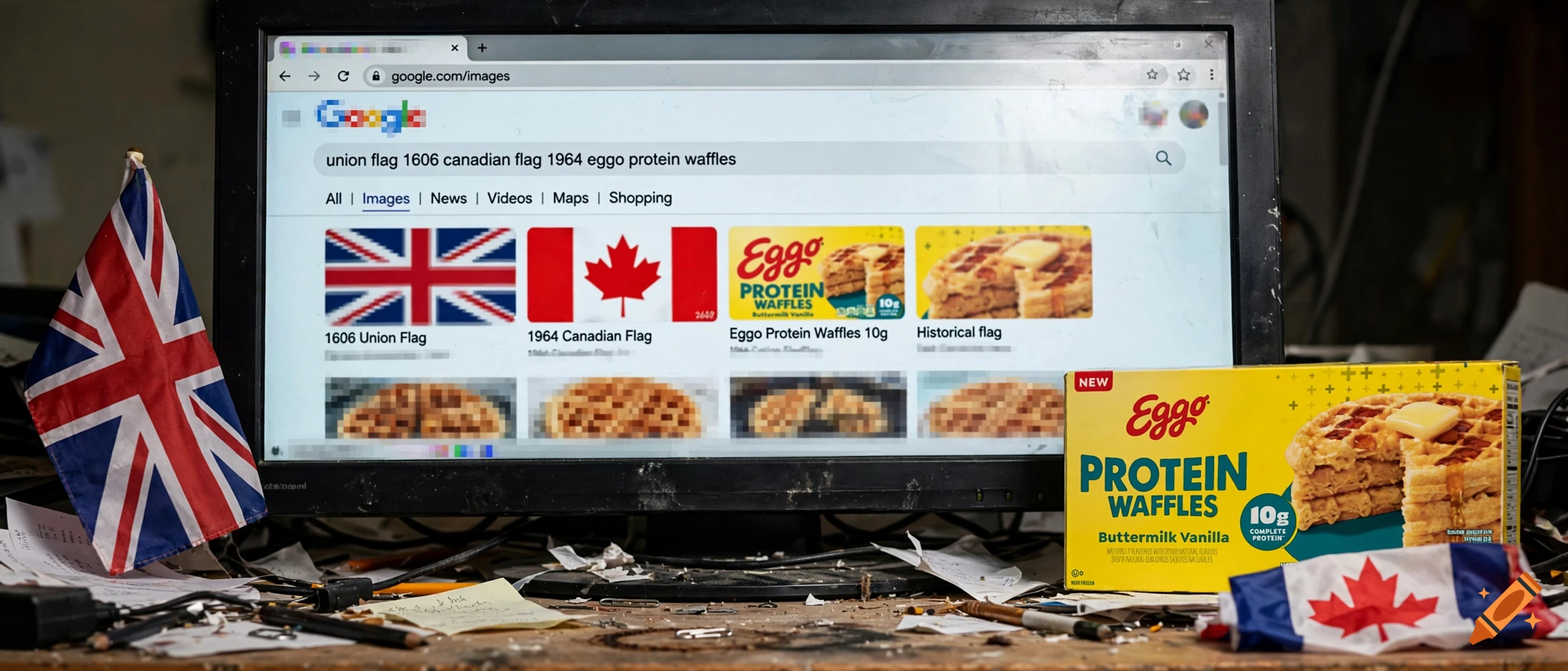 A computer monitor displaying a Google image search for flags and waffle boxes, sitting on a cluttered desk with a UK flag and Eggo box.