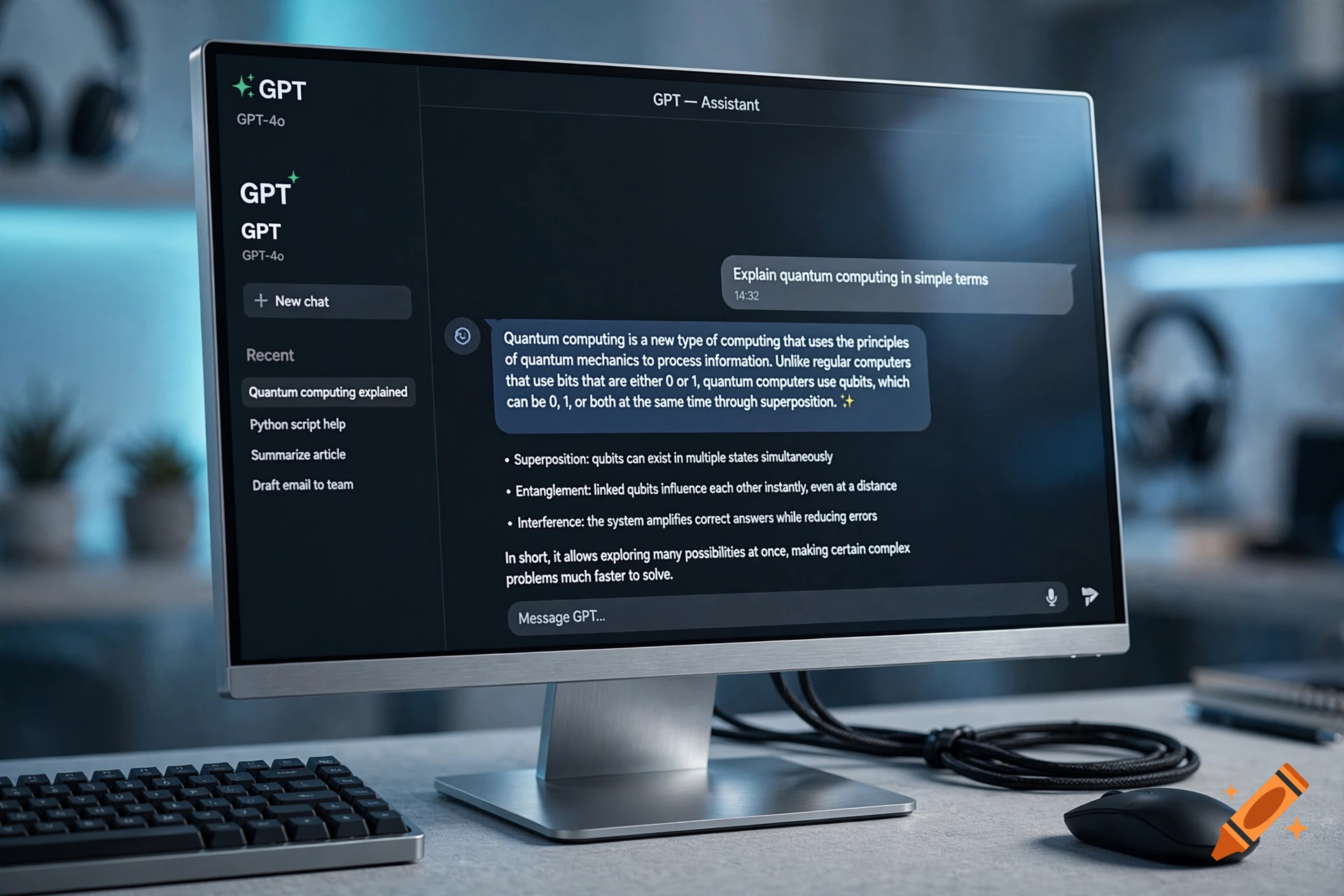 Photorealistic image of a computer monitor displaying an AI chat assistant interface on a desk.
